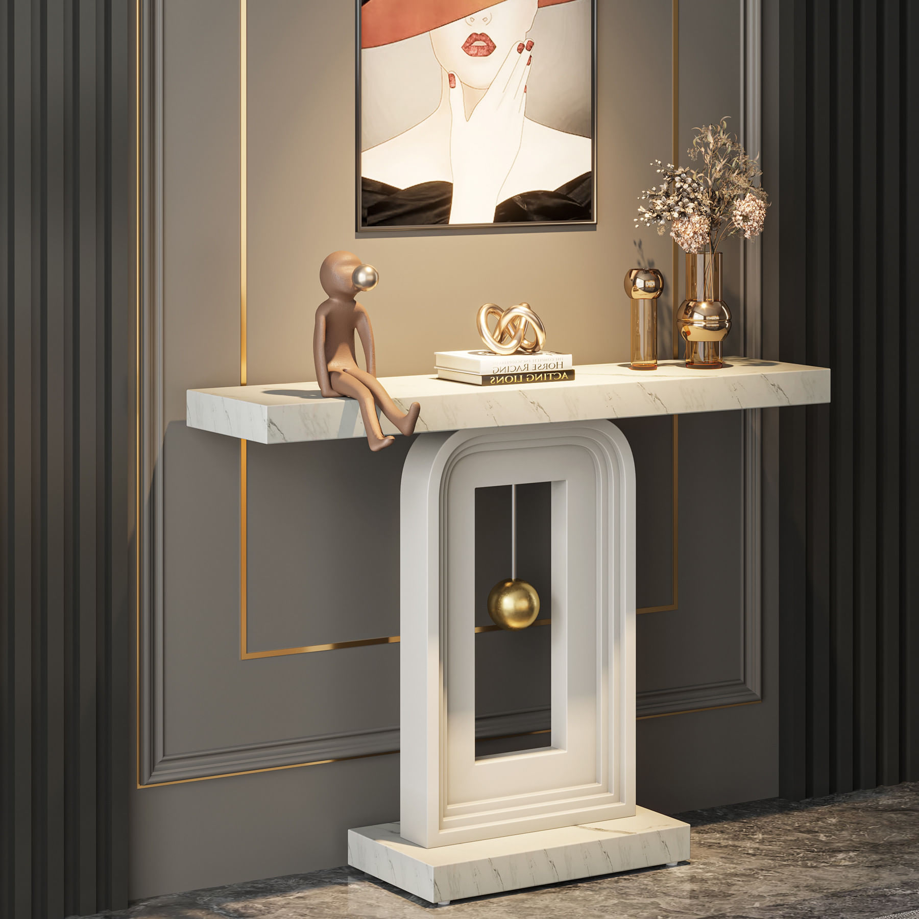 Masa Decor Living/ Hol, Model Pendulum alb, imitatie marmura, 100 cm — imaginea 2