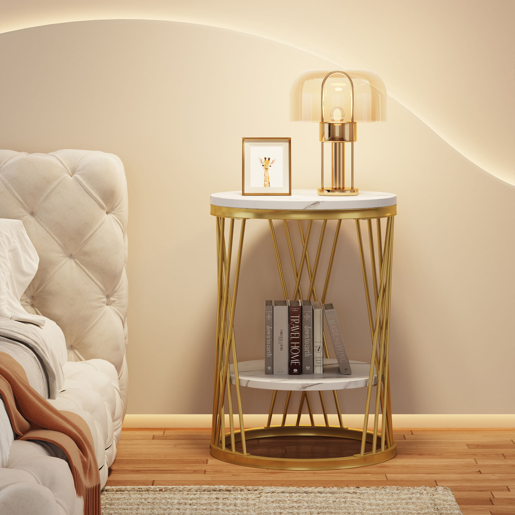 Masuta laterala rotunda, Blackswan Design Model Rina, imitatie marmura alb/ auriu, 45x45x60 cm — imaginea 3