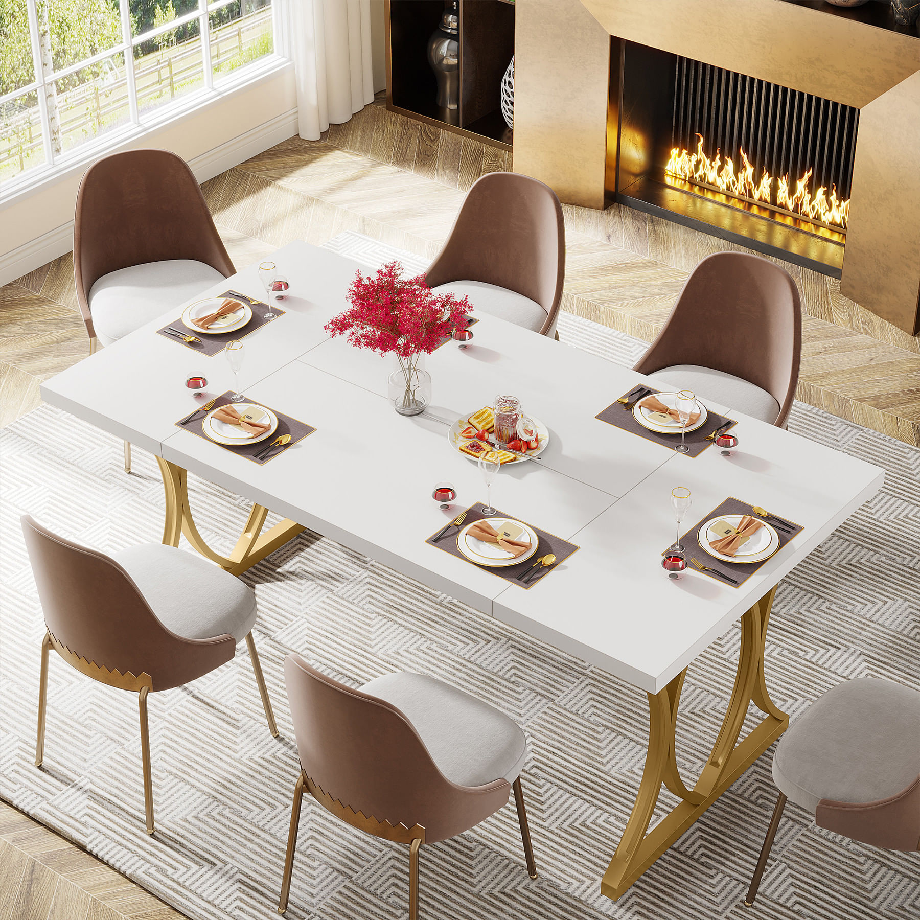 Masa dining Blackswan Design Retriciana, alb/auriu, 160 cm, picioare metalice curbate, blatul lucios — imaginea 3