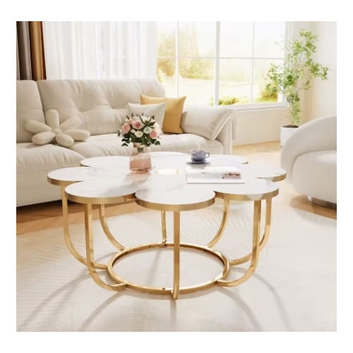 Masa Cafea/ Living, Blackswan Design Model Golden Petals, imitatie marmura, 100x100x50 cm — imaginea 3