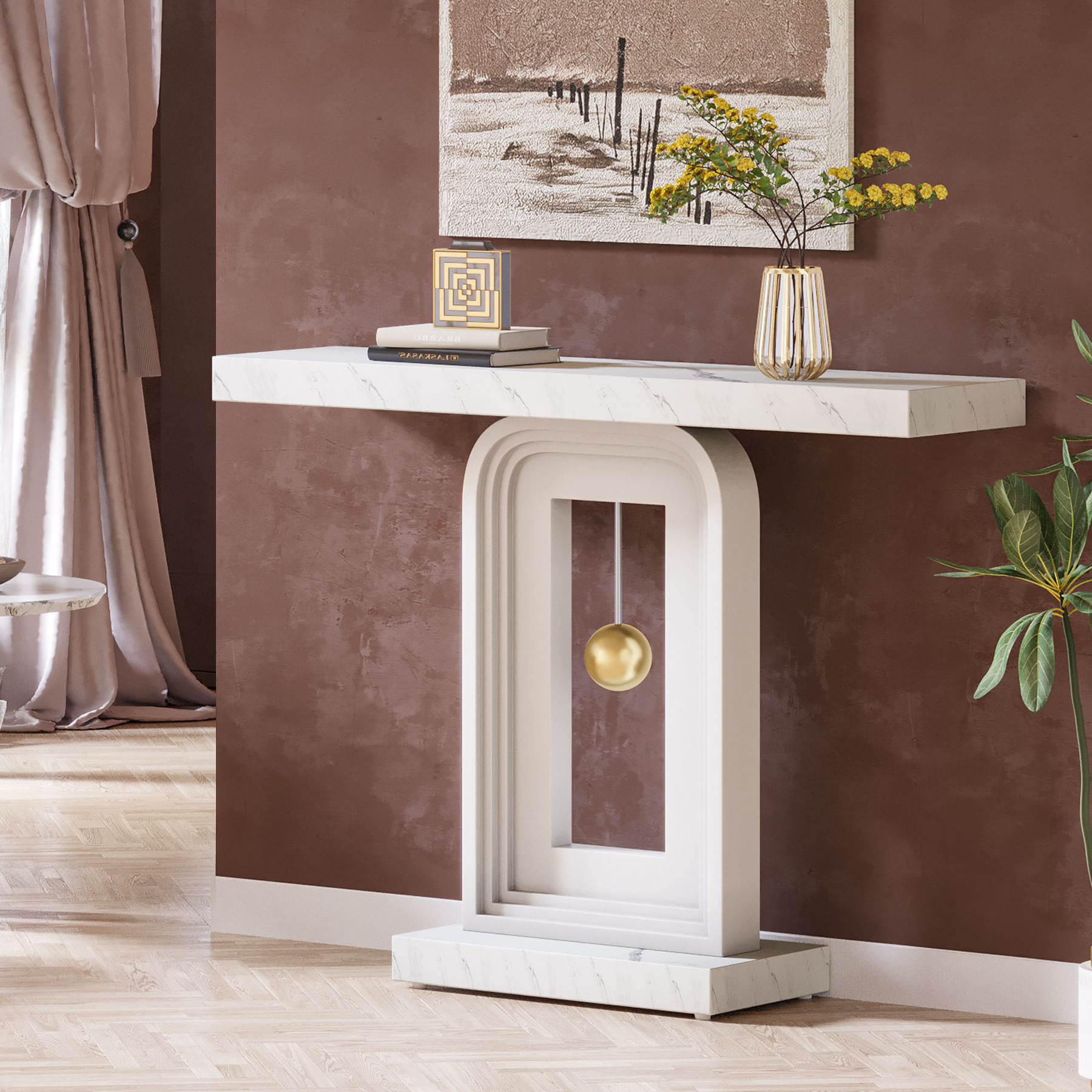 Masa Decor Living/ Hol, Model Pendulum alb, imitatie marmura, 100 cm — imaginea 3