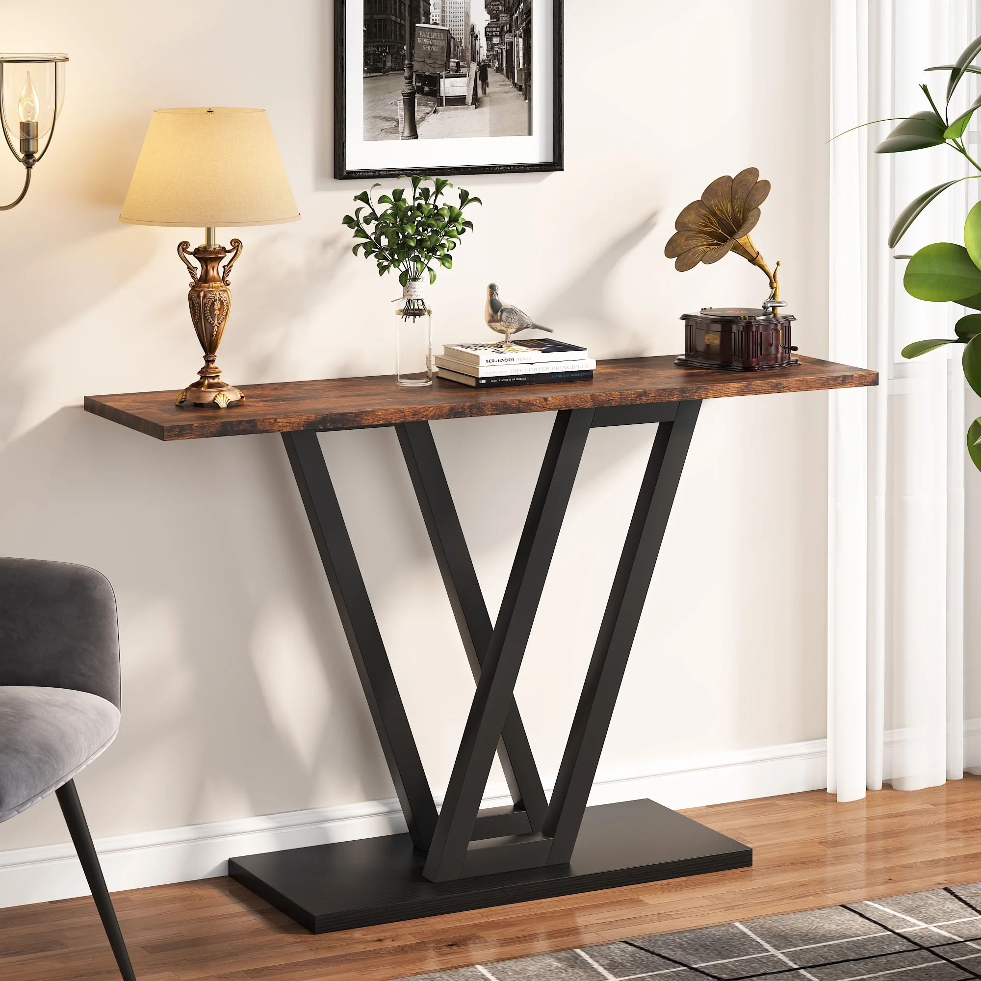 Masa Living/Hol, Blackswan Design V Leg, imitatie marmura alba/auriu, 110x30x80 cm — imaginea 4