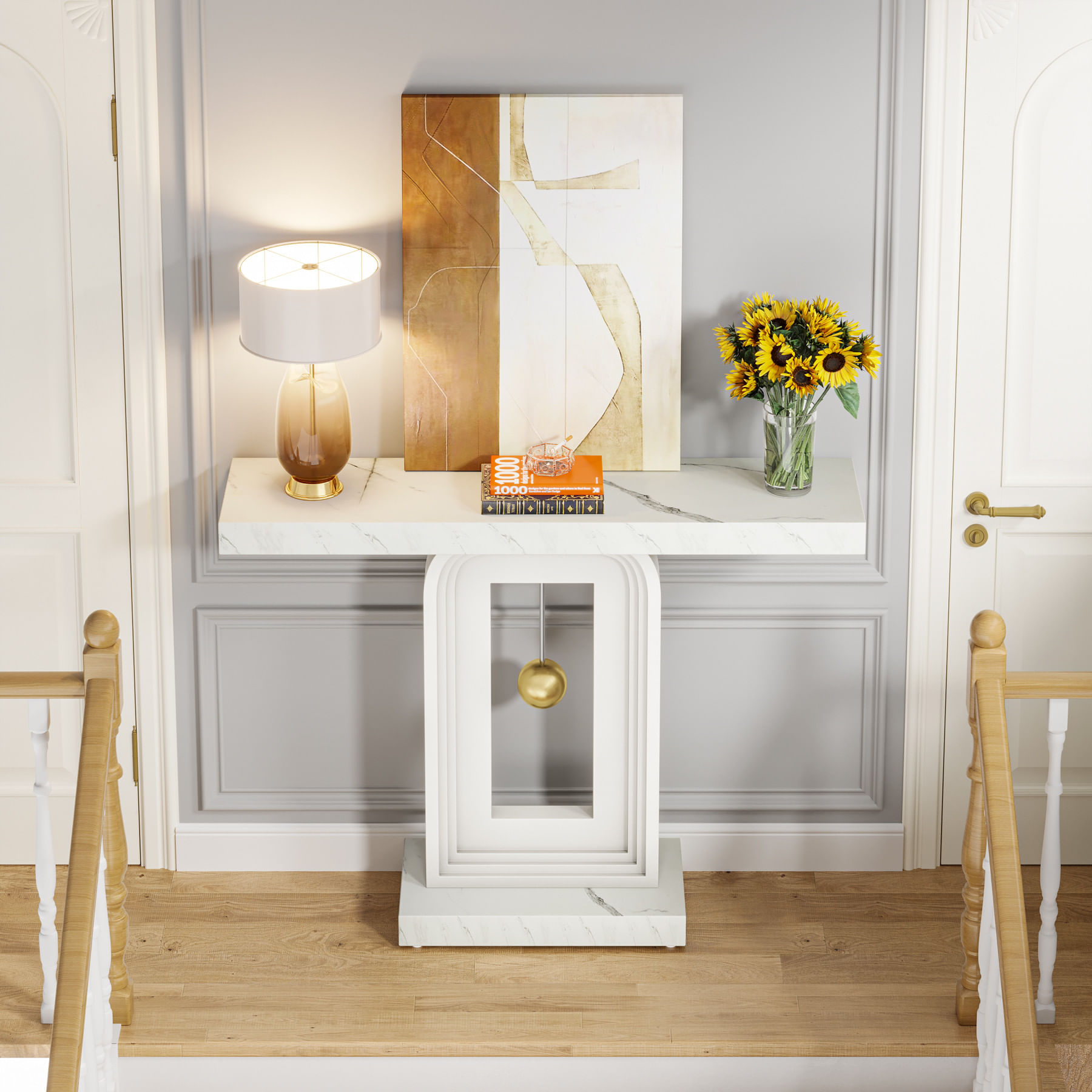 Masa Decor Living/ Hol, Model Pendulum alb, imitatie marmura, 100 cm — imaginea 4