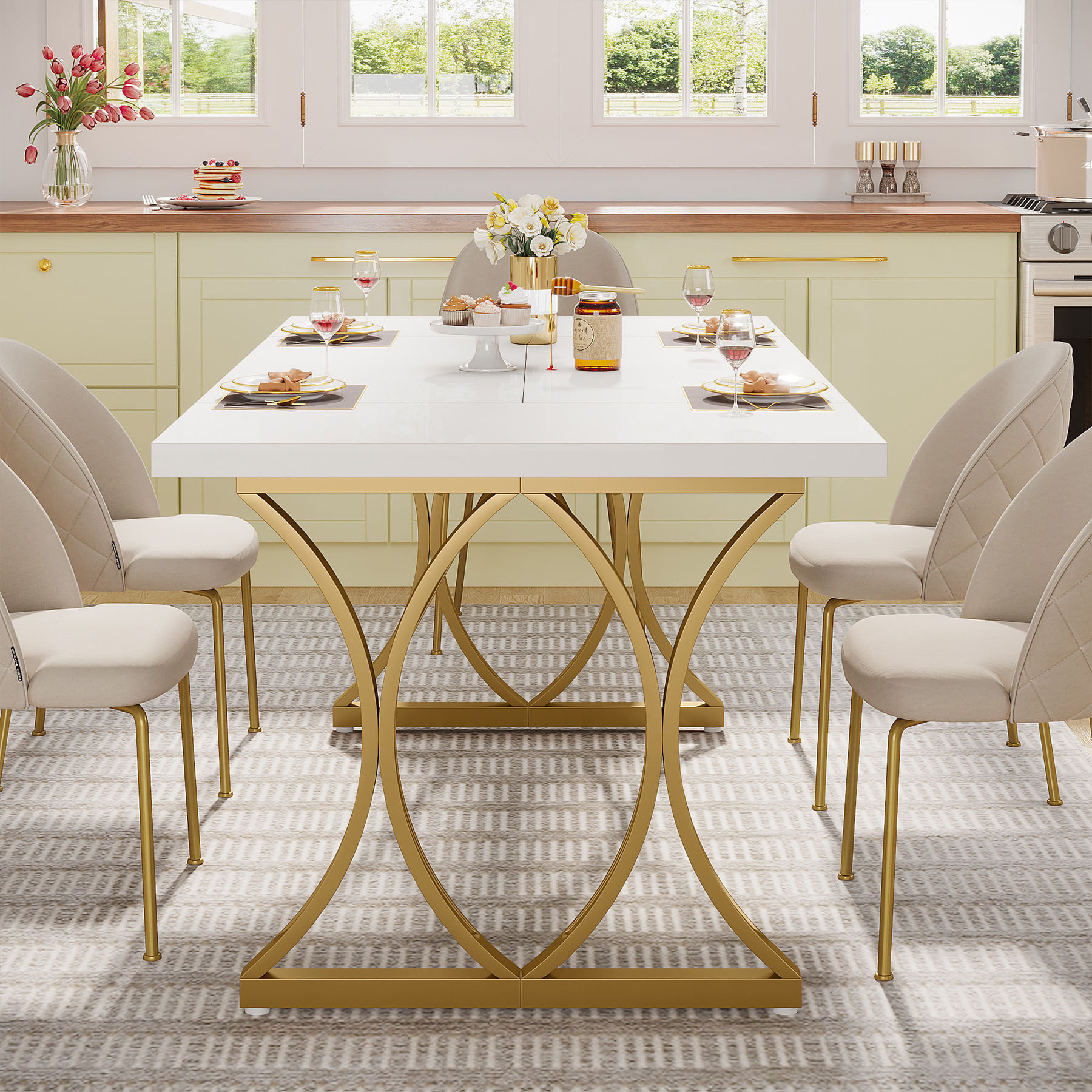 Masa dining Blackswan Design Retriciana, alb/auriu, 160 cm, picioare metalice curbate, blatul lucios — imaginea 4