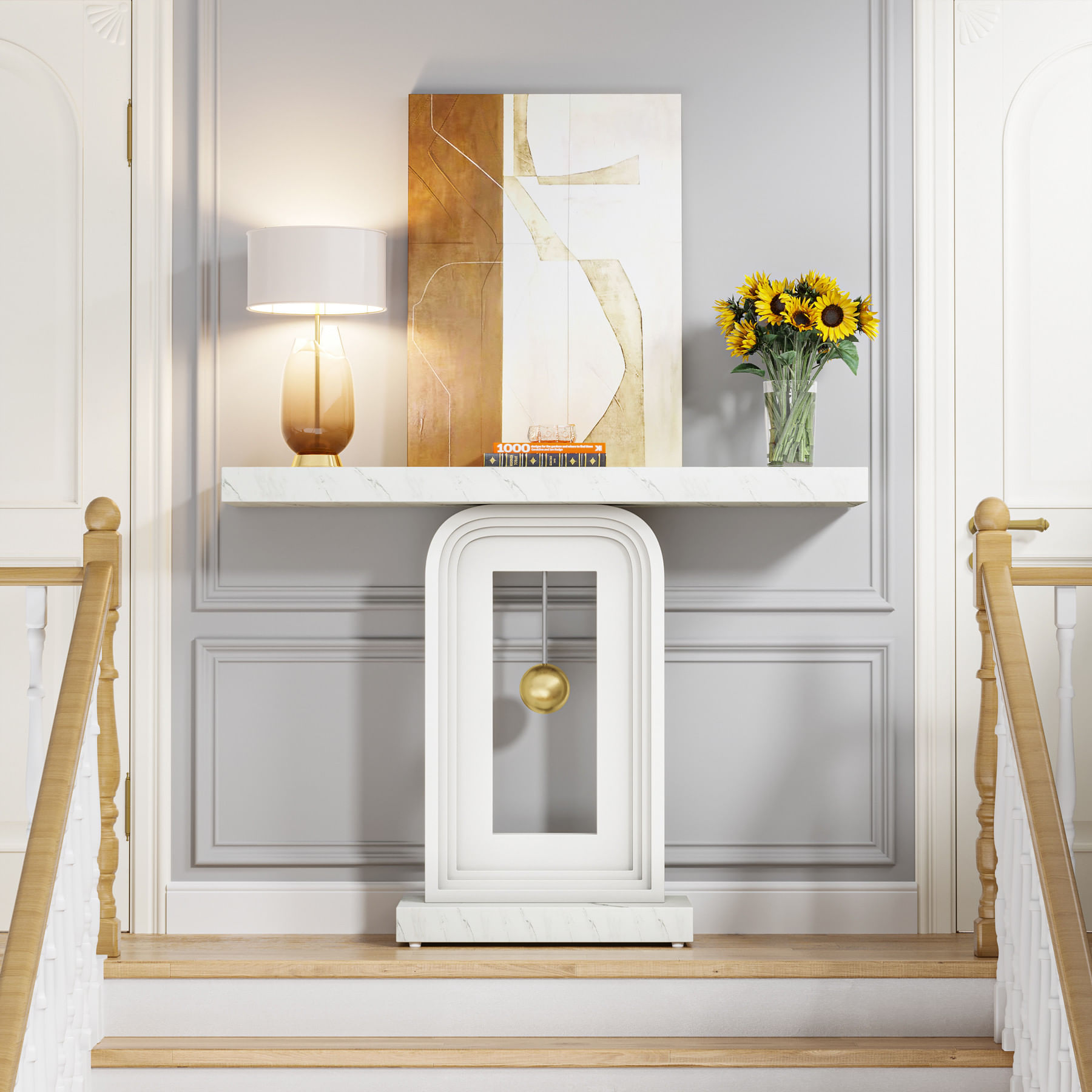 Masa Decor Living/ Hol, Model Pendulum alb, imitatie marmura, 100 cm — imaginea 5