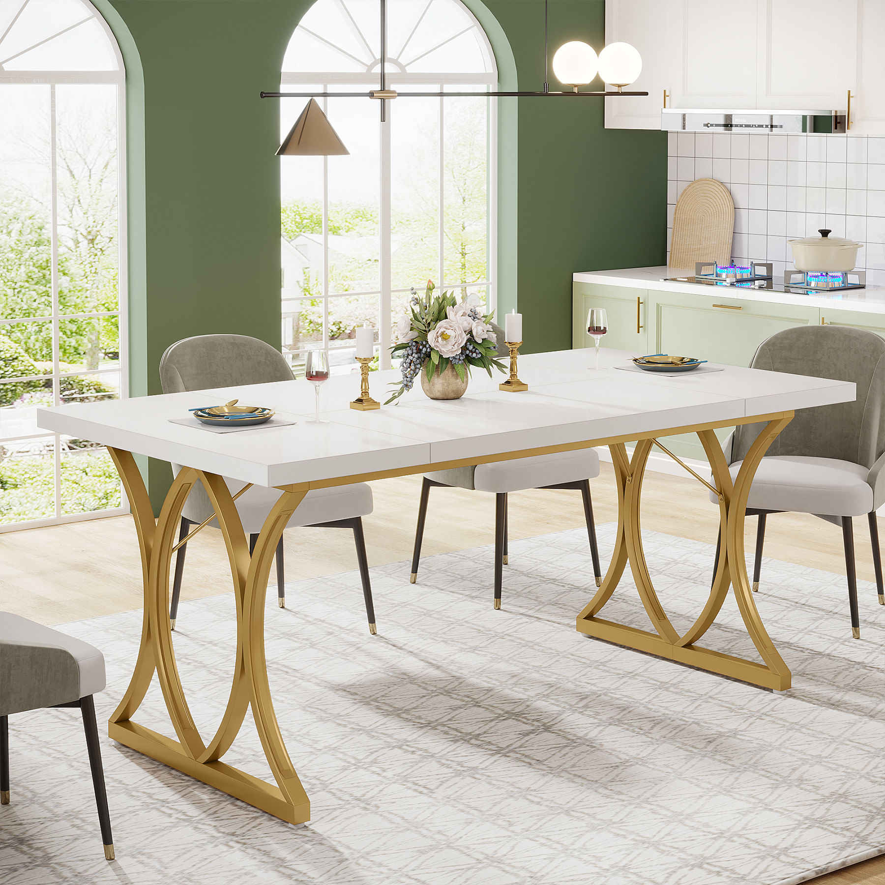 Masa dining Blackswan Design Retriciana, alb/auriu, 160 cm, picioare metalice curbate, blatul lucios — imaginea 5