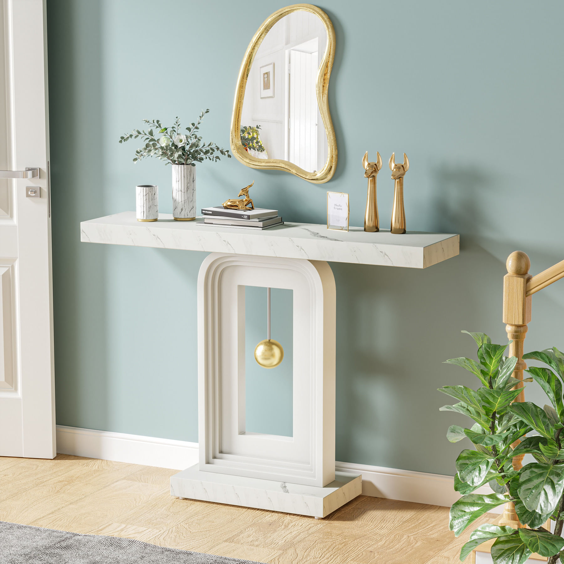 Masa Decor Living/ Hol, Model Pendulum alb, imitatie marmura, 100 cm — imaginea 6