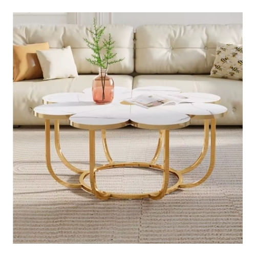Masa Cafea/ Living, Blackswan Design Model Golden Petals, imitatie marmura, 100x100x50 cm — imaginea 5