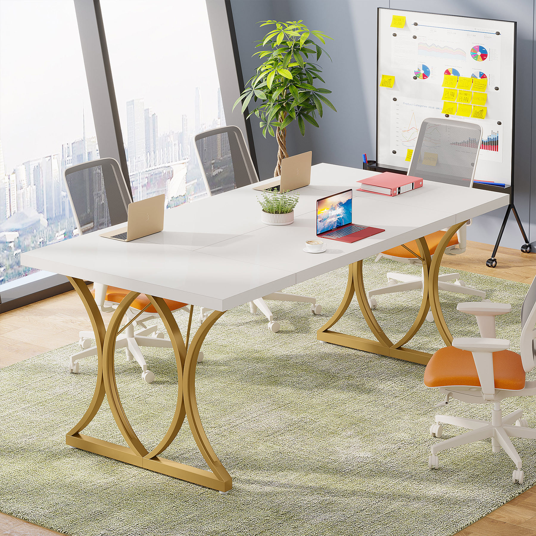Masa dining Blackswan Design Retriciana, alb/auriu, 160 cm, picioare metalice curbate, blatul lucios — imaginea 6