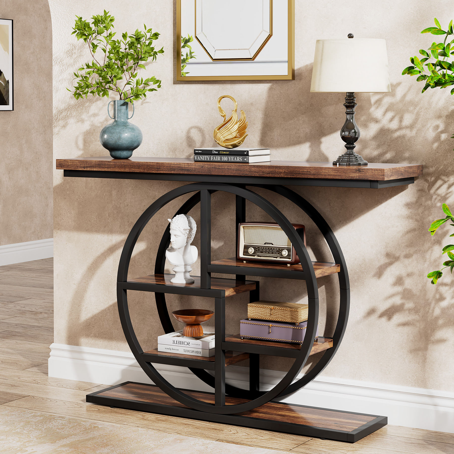 Masa Decor Living/ Hol, Model Sofia M1 maro/ negru, textura lemnoasa, 105 cm — imaginea 4