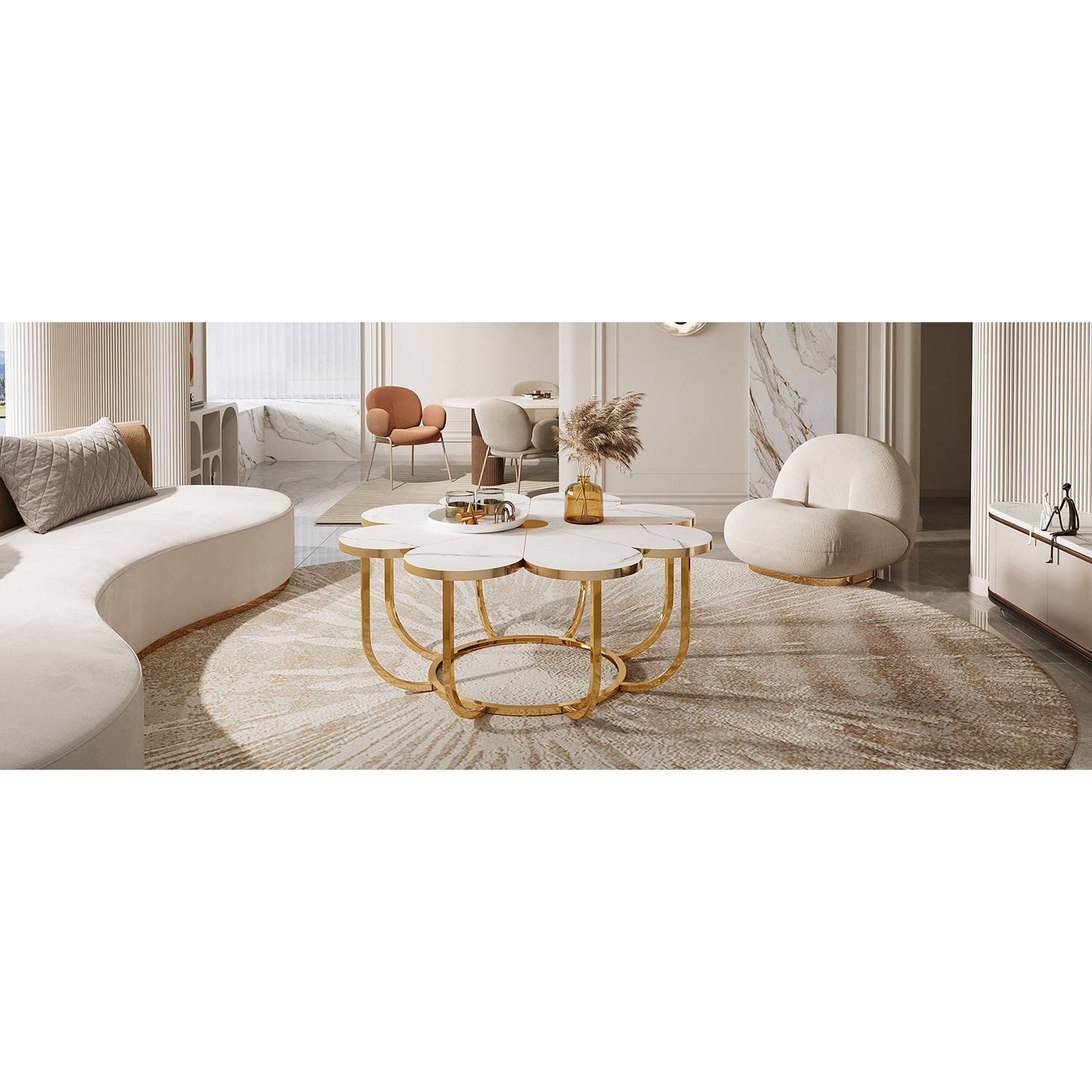 Masa Cafea/ Living, Blackswan Design Model Golden Petals, imitatie marmura, 100x100x50 cm — imaginea 6