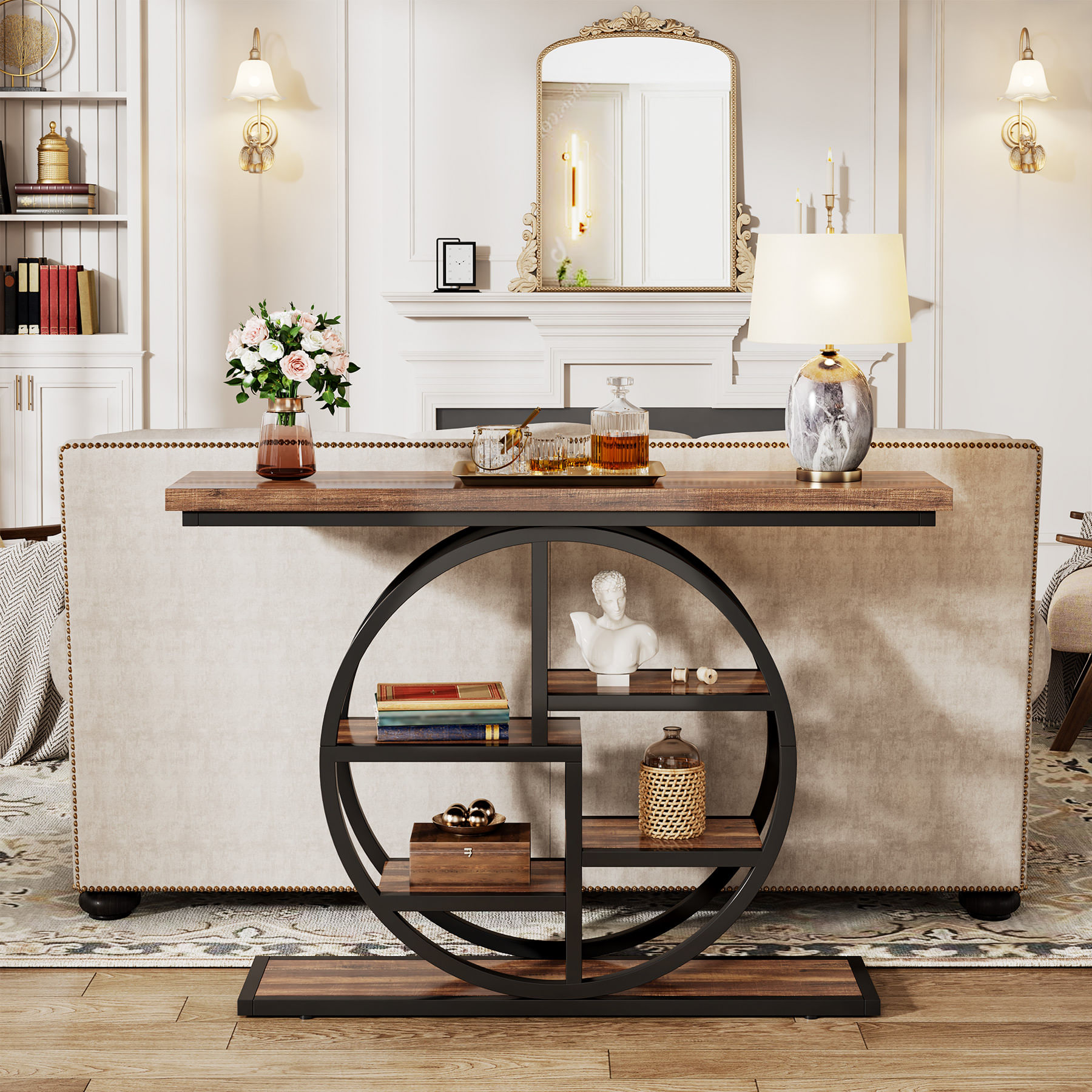 Masa Decor Living/ Hol, Model Sofia M1 maro/ negru, textura lemnoasa, 105 cm — imaginea 6