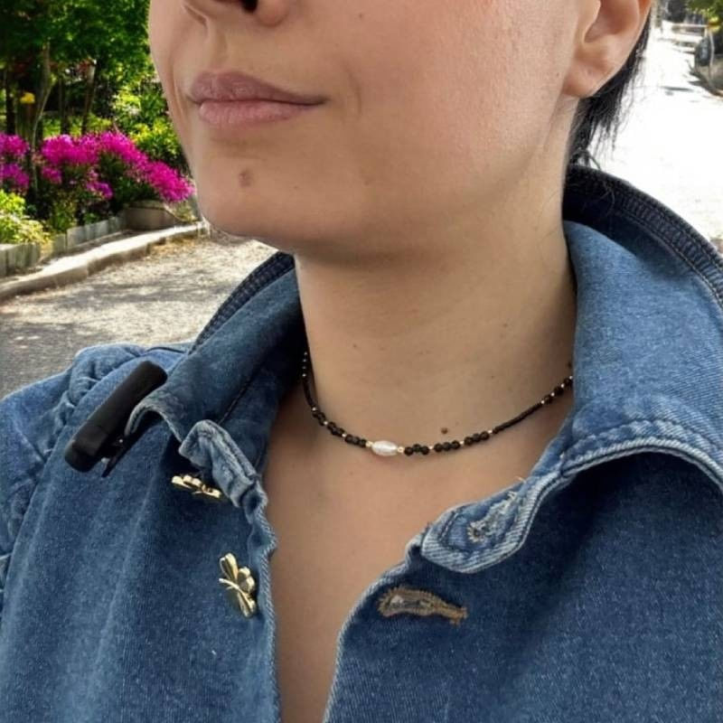 Colier choker handmade Elina din miyuki negru cu Obsidian si argint placat cu aur 925