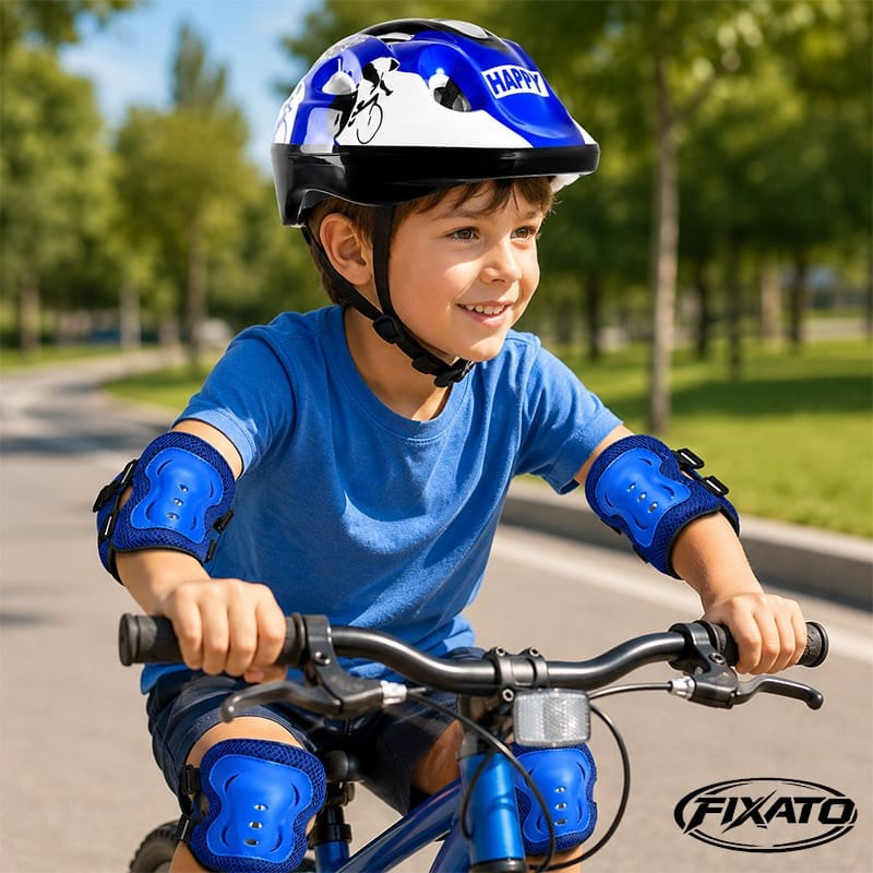 Set Protectie pentru Copii FIXATO, Casca 7 in 1 pentru 3-14 ani, Genunchiere, Cotiere, Aparatori Incheieturi, pentru Bicicleta, Role, Albastru