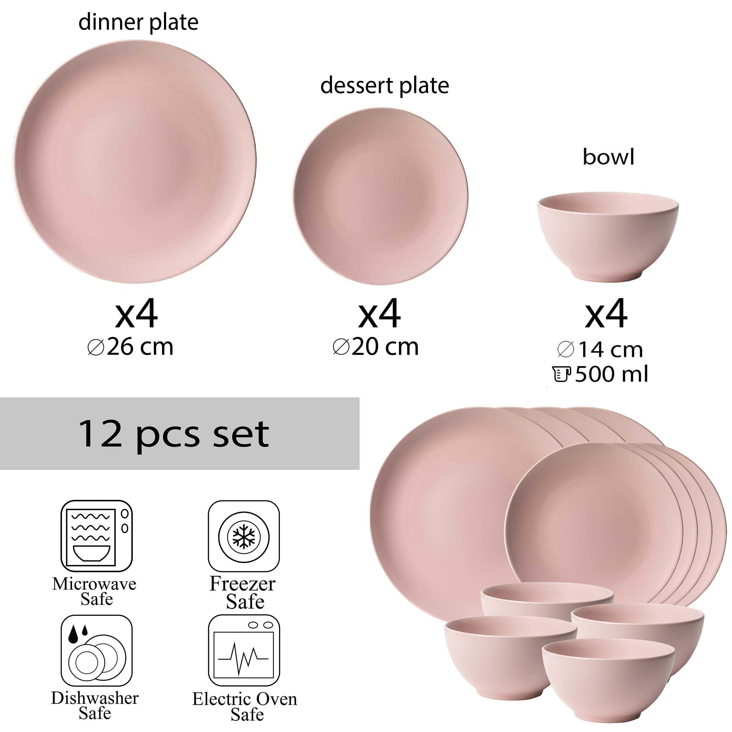 Set farfurii 12 piese, pentru 4 persoane, Pastel Pink, Cesiro, Roz Mat