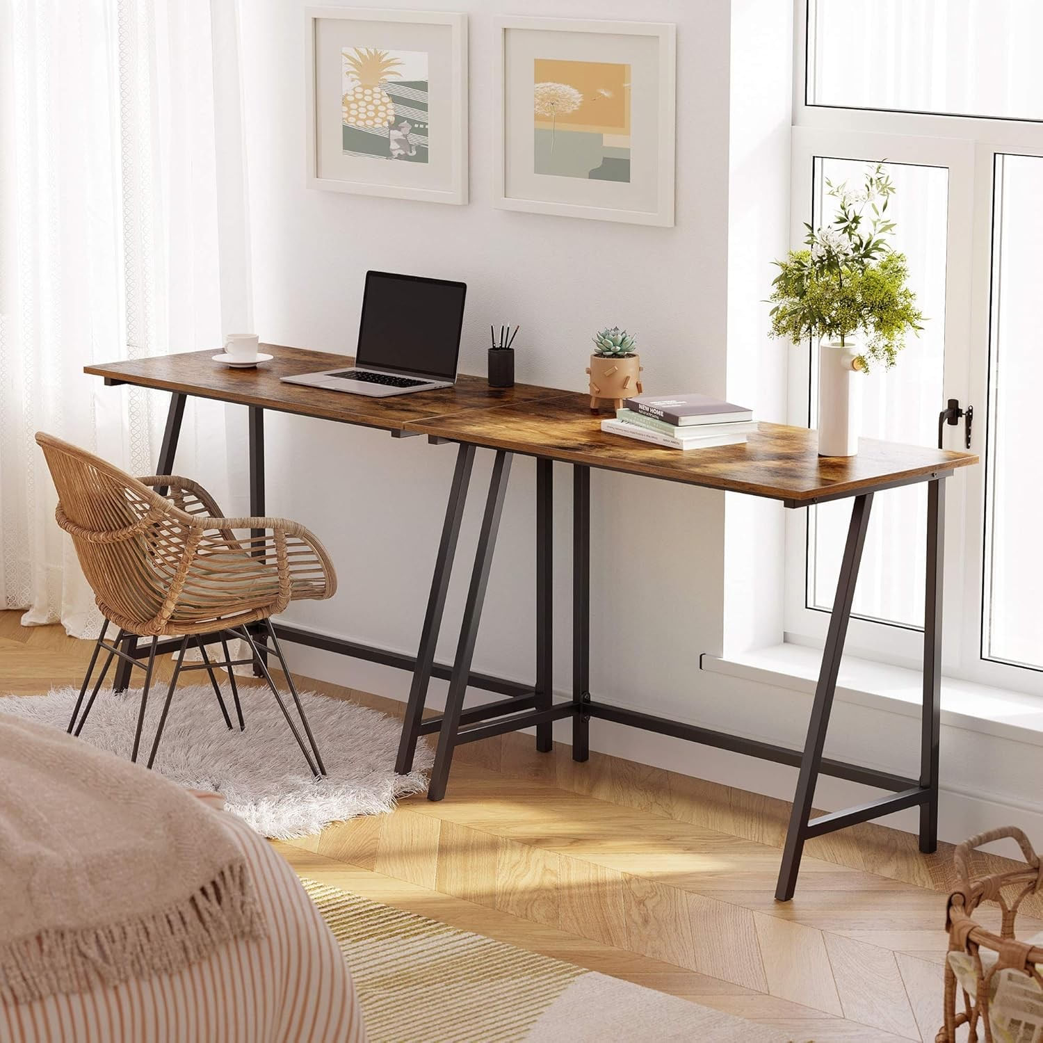 Birou cu cadru metalic, stil industrial, 100x50x75 cm, maro rustic — imaginea 3