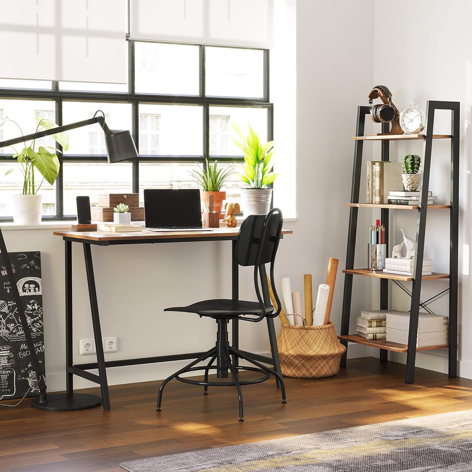Birou cu cadru metalic, stil industrial, 100x50x75 cm, maro rustic — imaginea 6