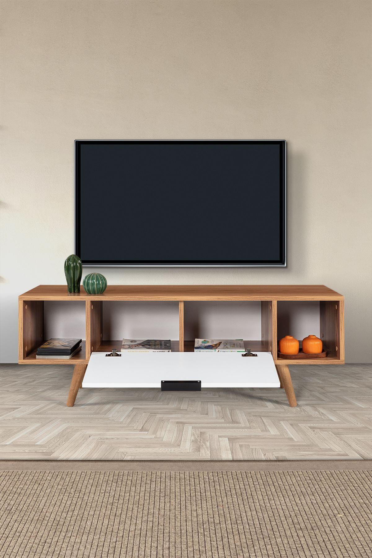 Comoda TV Mesir 3326, 130 x 47 x 35 cm, nuc alb, PAL melaminat — imaginea 4
