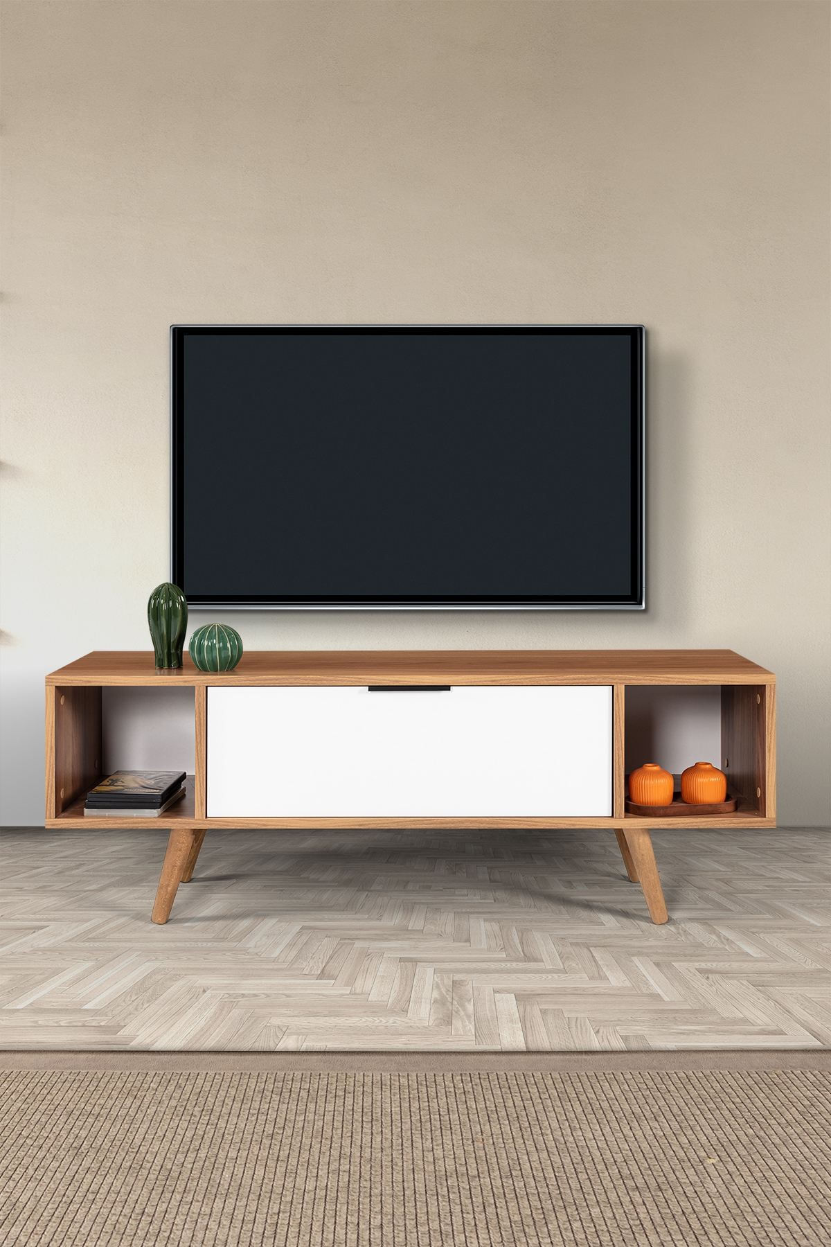 Comoda TV Mesir 3326, 130 x 47 x 35 cm, nuc alb, PAL melaminat — imaginea 5