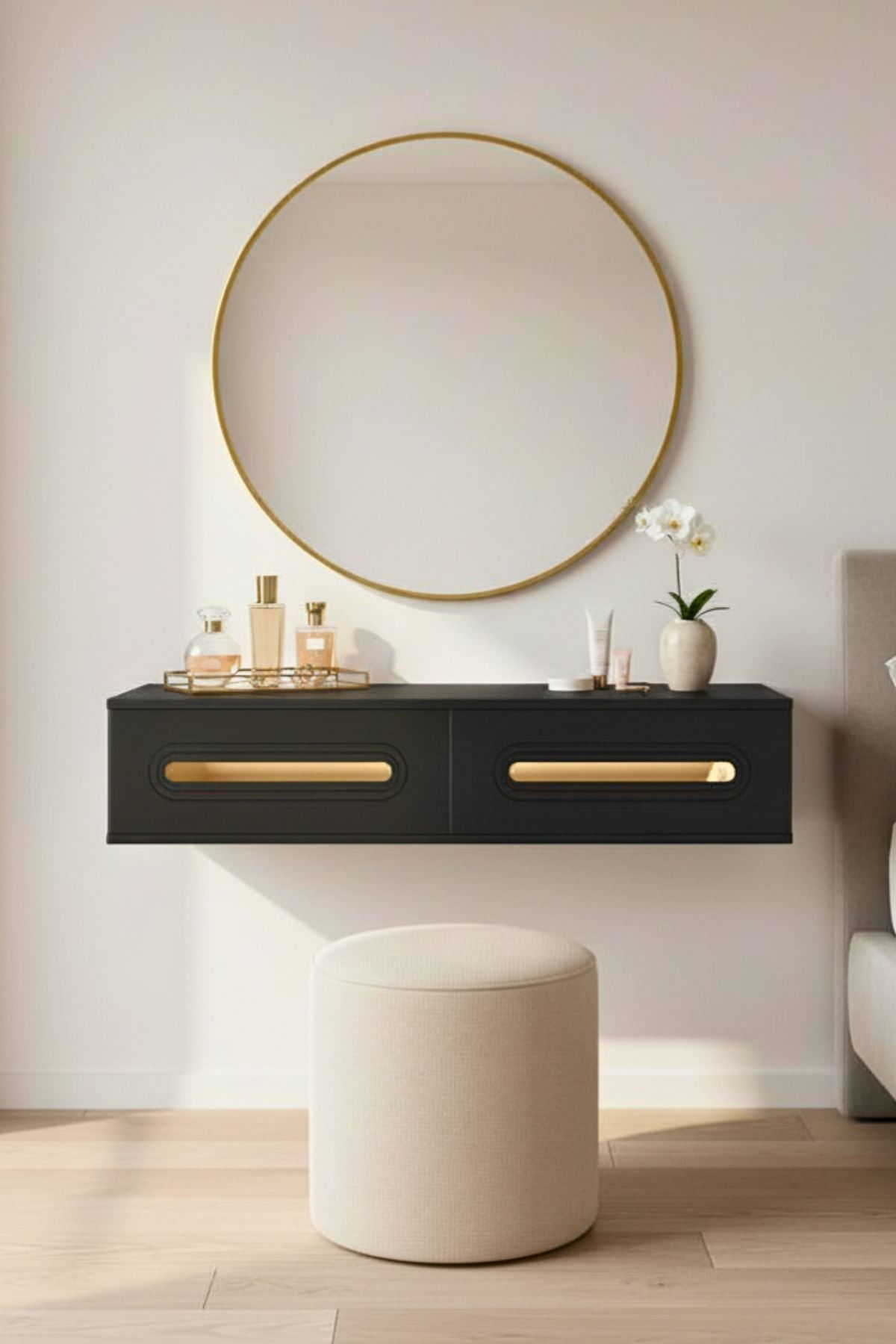 Comoda dormitor Rany 120, 120 x 25, 5 x 29, 6 cm, antracit auriu, PAL melaminat, oglinda inclusa, fixare pe perete, antracit / gold — imaginea 3