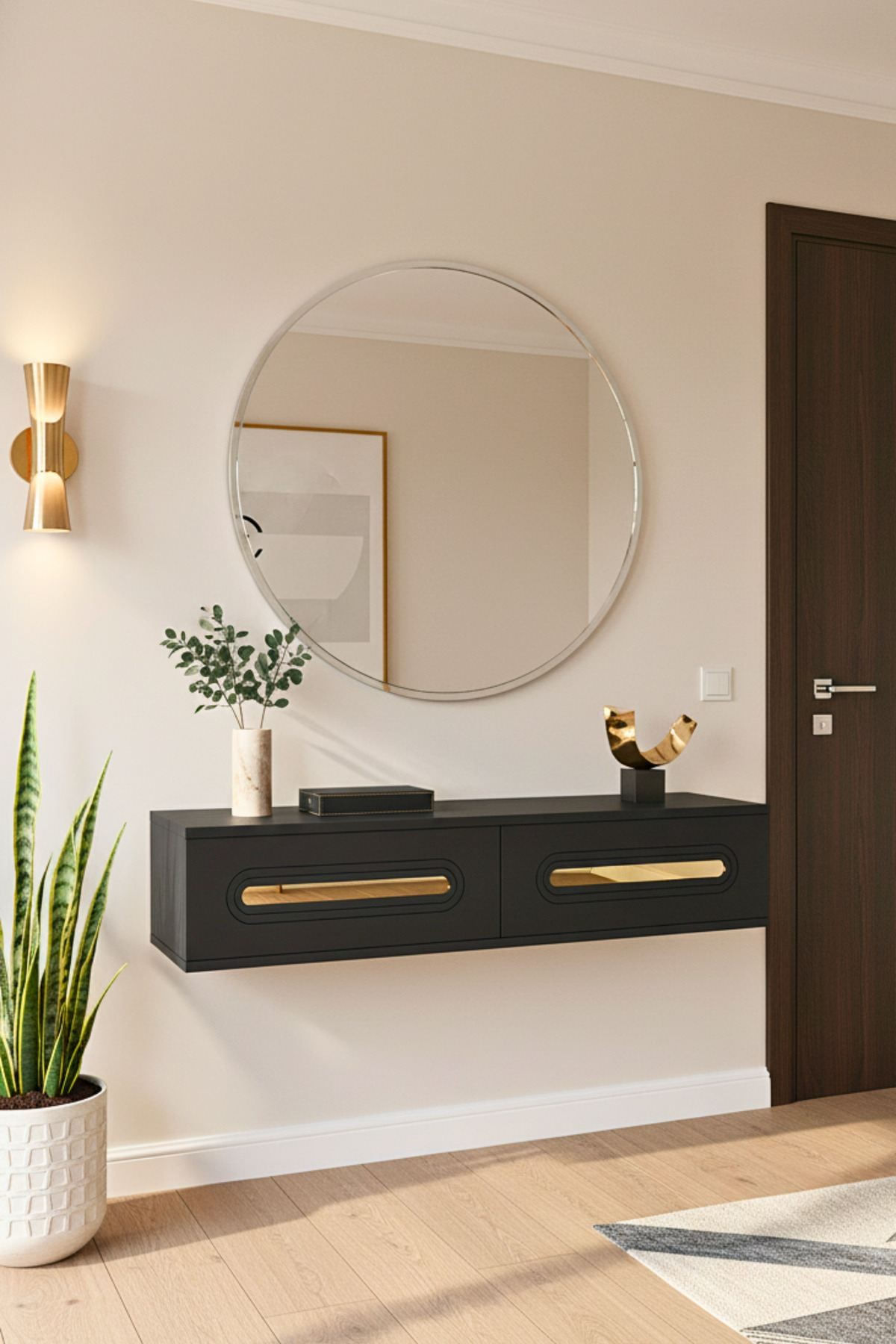 Comoda dormitor Rany 120, 120 x 25, 5 x 29, 6 cm, antracit auriu, PAL melaminat, oglinda inclusa, fixare pe perete, antracit / gold — imaginea 7