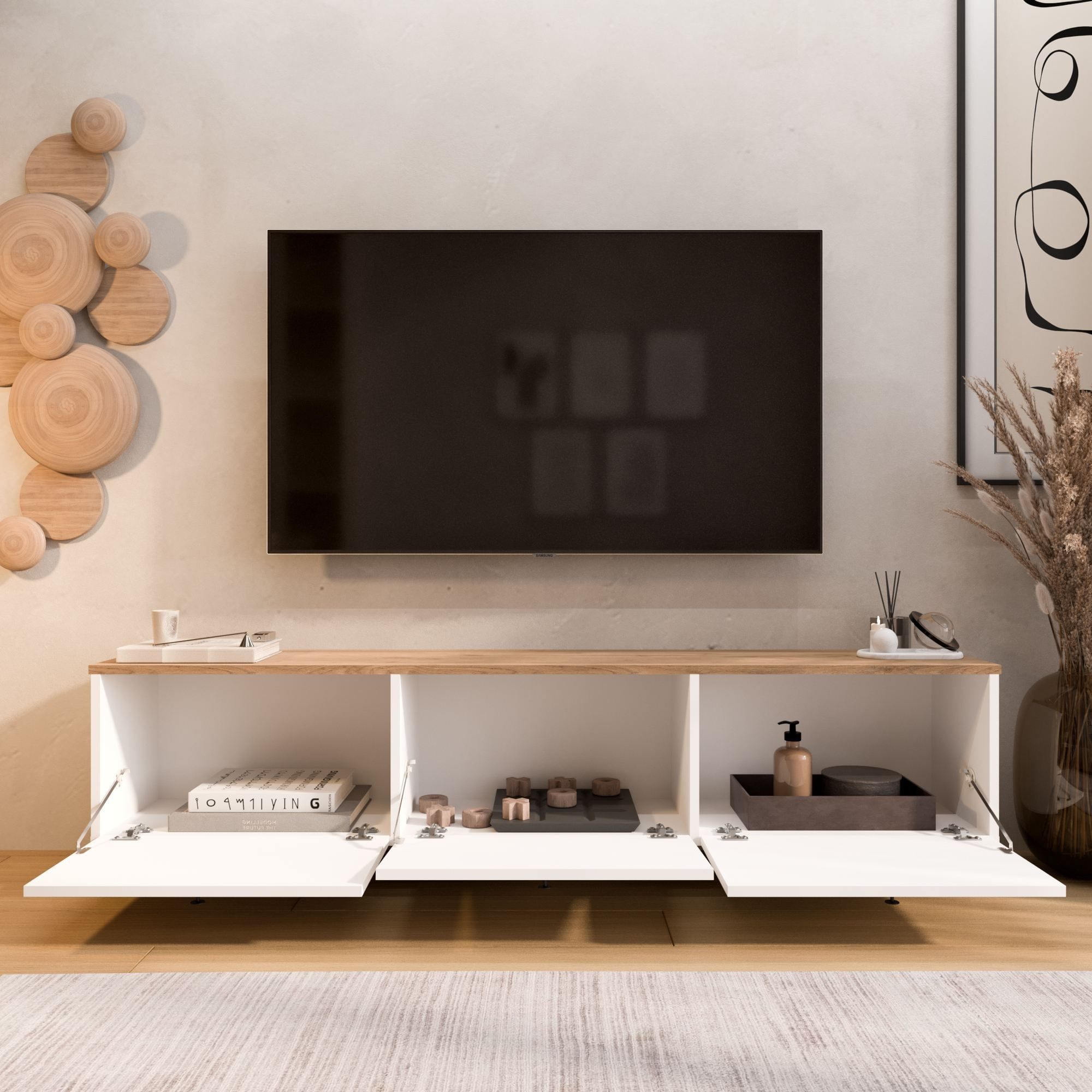 Comoda TV Nord - ND6-SW, 180 x 45,6 x 32 cm, alb si stejar, PAL melaminat — imaginea 4