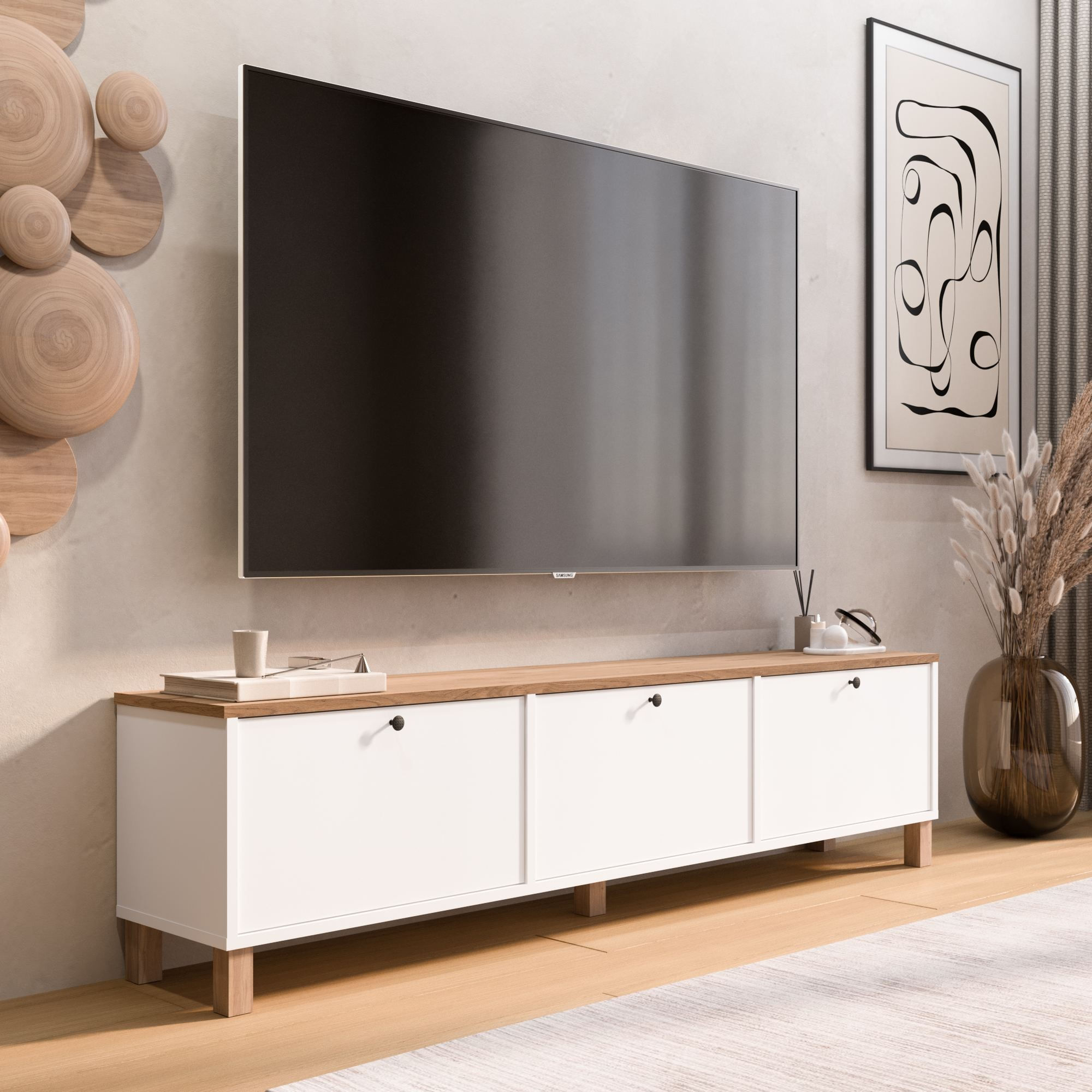 Comoda TV Nord - ND6-SW, 180 x 45,6 x 32 cm, alb si stejar, PAL melaminat — imaginea 5