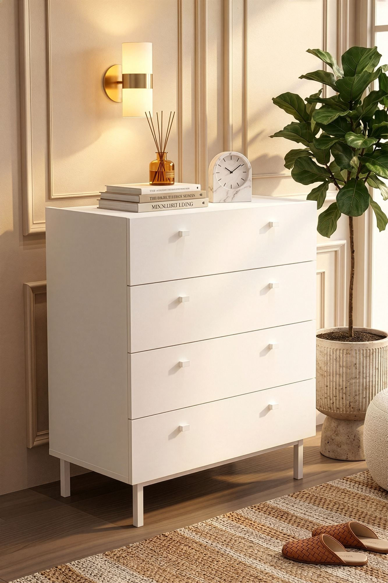 Comoda dormitor Luke - LK6-W, 80 x 93,1 x 41,8 cm, alb, PAL melaminat, spatiu de depozitare, fixare pe perete