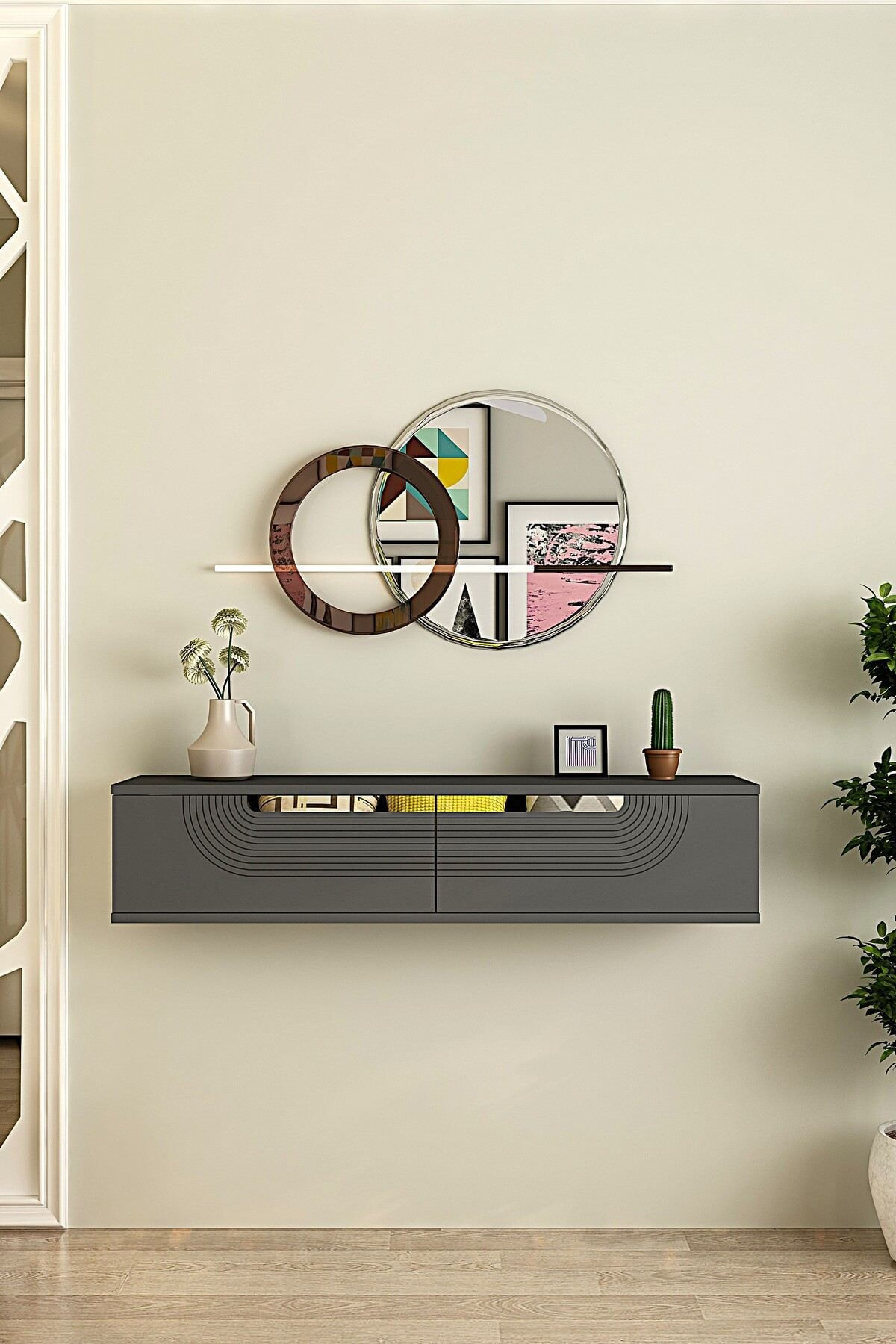 Comoda dormitor Meyra 120, 120 x 25, 5 x 29, 6 cm, antracit argintiu, PAL melaminat, oglinda inclusa, fixare pe perete, antracit / silver — imaginea 5