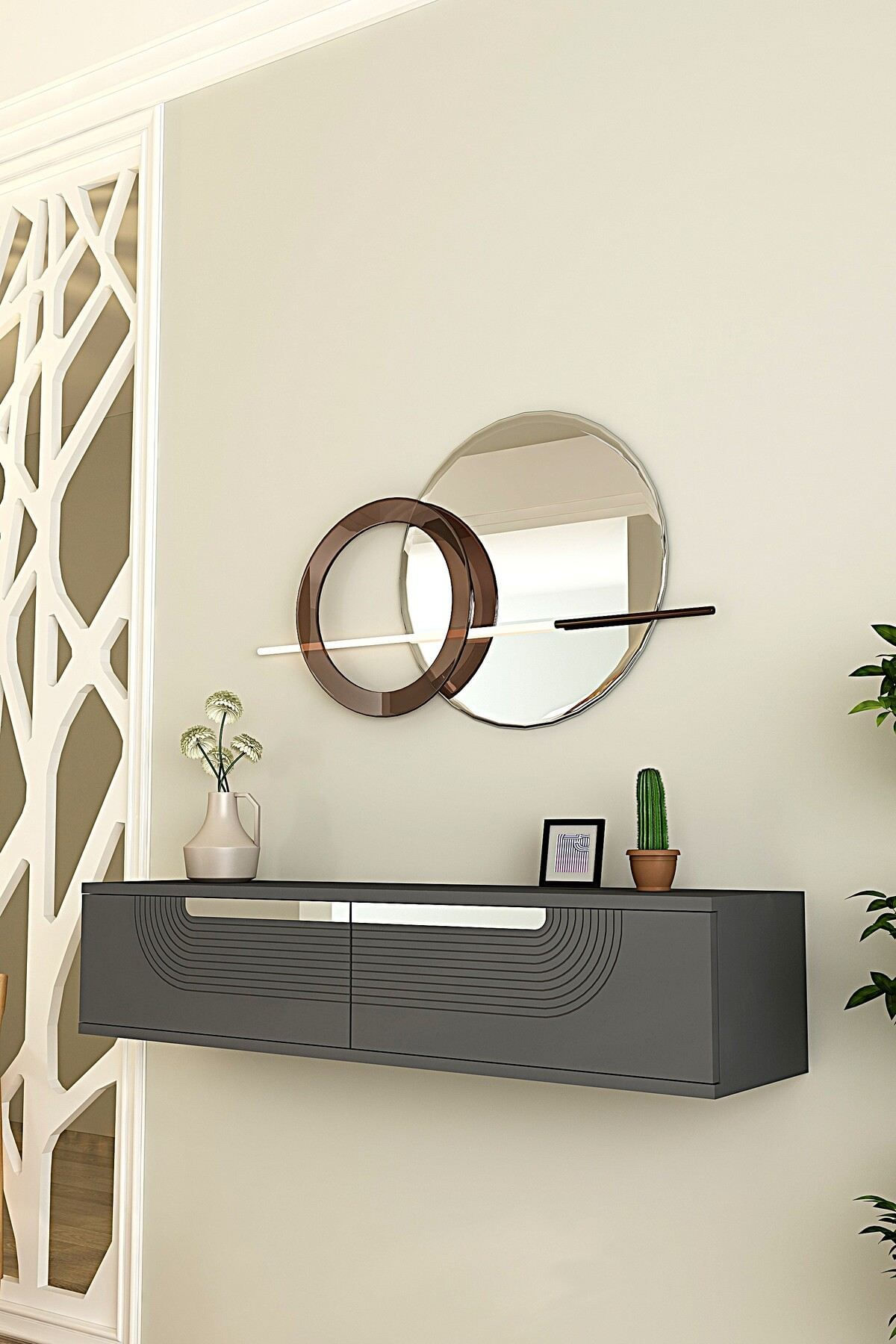 Comoda dormitor Meyra 120, 120 x 25, 5 x 29, 6 cm, antracit argintiu, PAL melaminat, oglinda inclusa, fixare pe perete, antracit / silver — imaginea 6