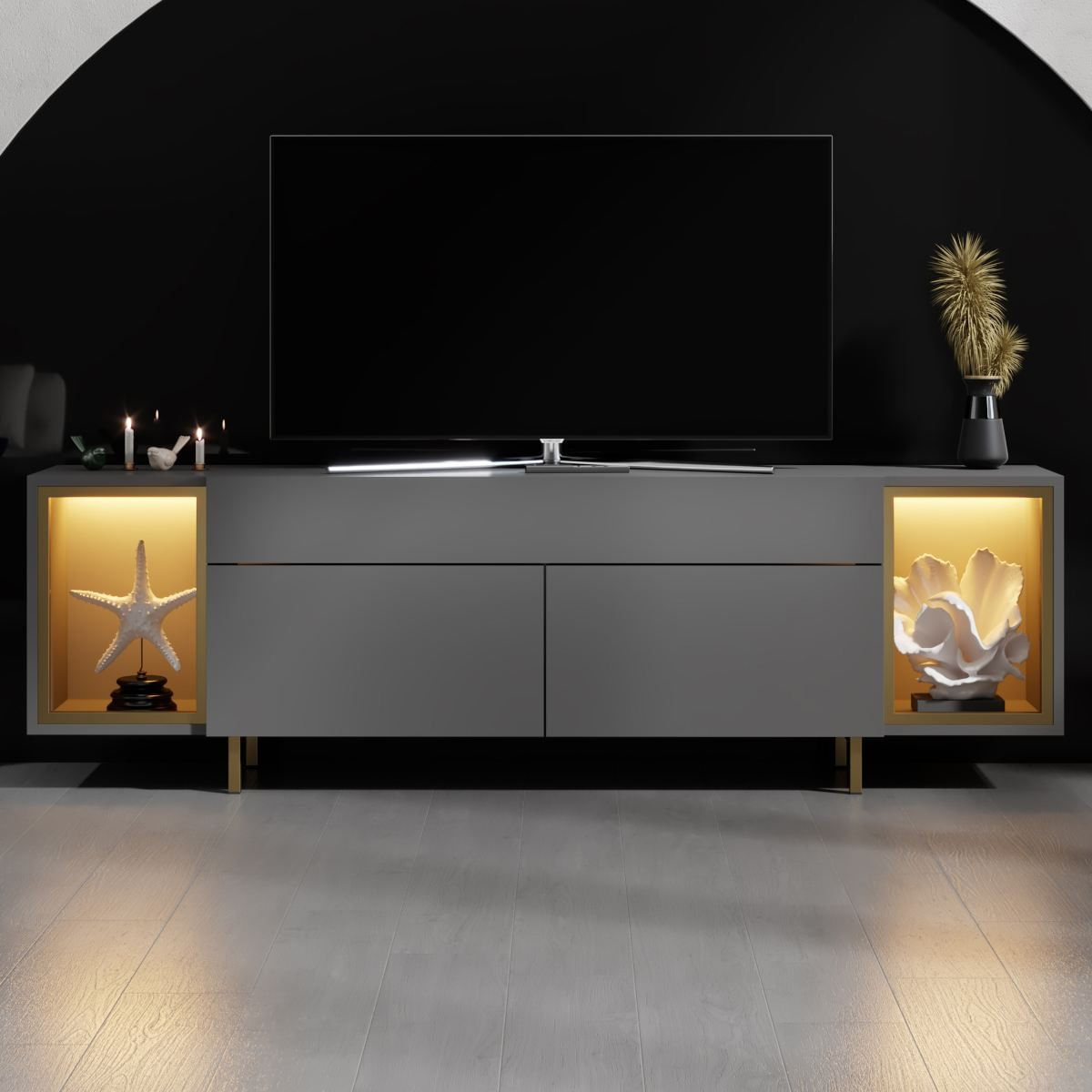 Comoda TV Zenith, 180 x 55 x 32 cm, antracit auriu, PAL melaminat, spatiu de depozitare, fixare pe perete, antracit / gold — imaginea 2