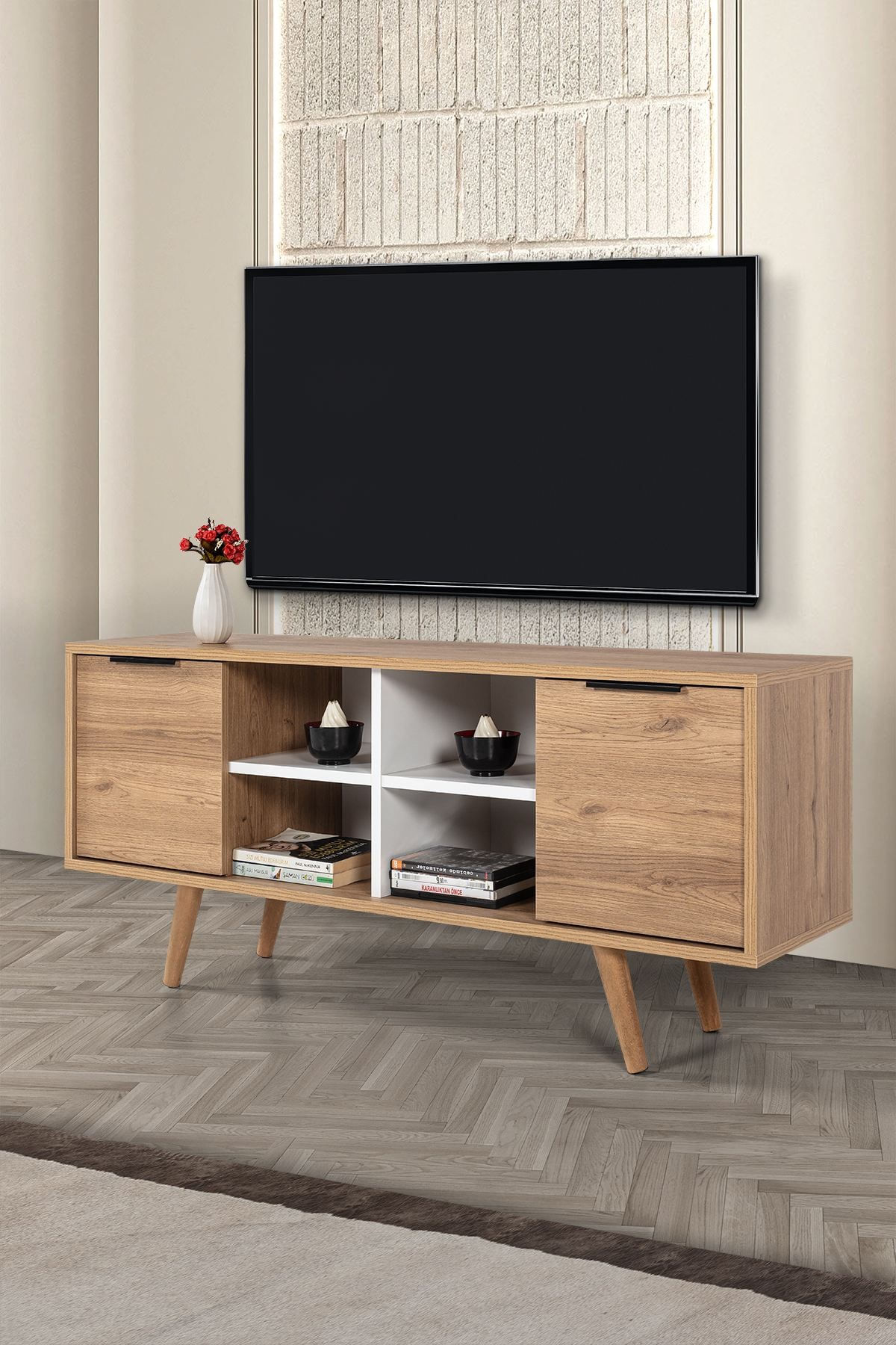 Comoda TV Sina 3321, 130 x 59 x 35 cm, stejar safir alb, PAL melaminat — imaginea 2