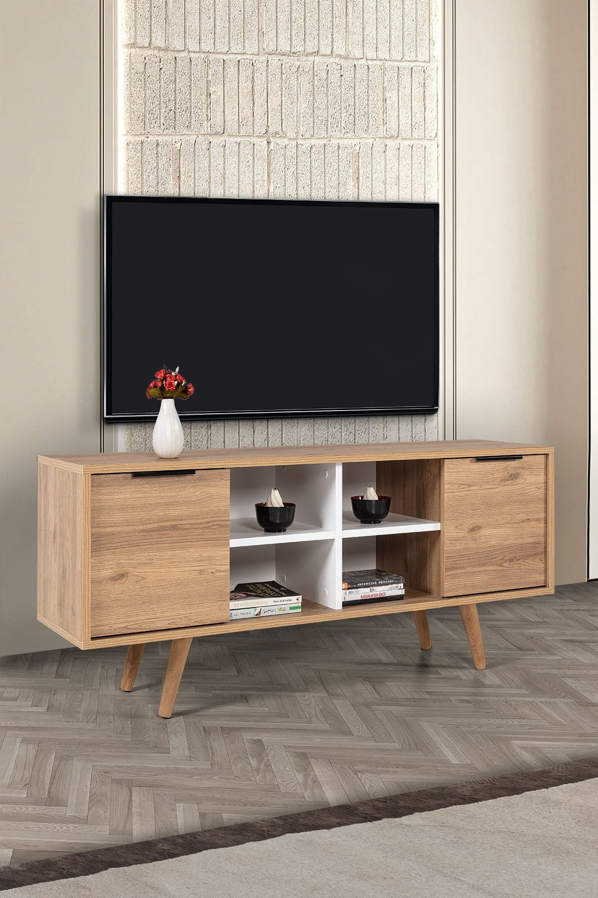 Comoda TV Sina 3321, 130 x 59 x 35 cm, stejar safir alb, PAL melaminat — imaginea 3