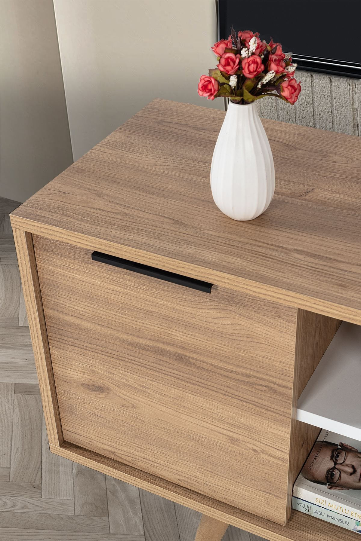 Comoda TV Sina 3321, 130 x 59 x 35 cm, stejar safir alb, PAL melaminat — imaginea 4