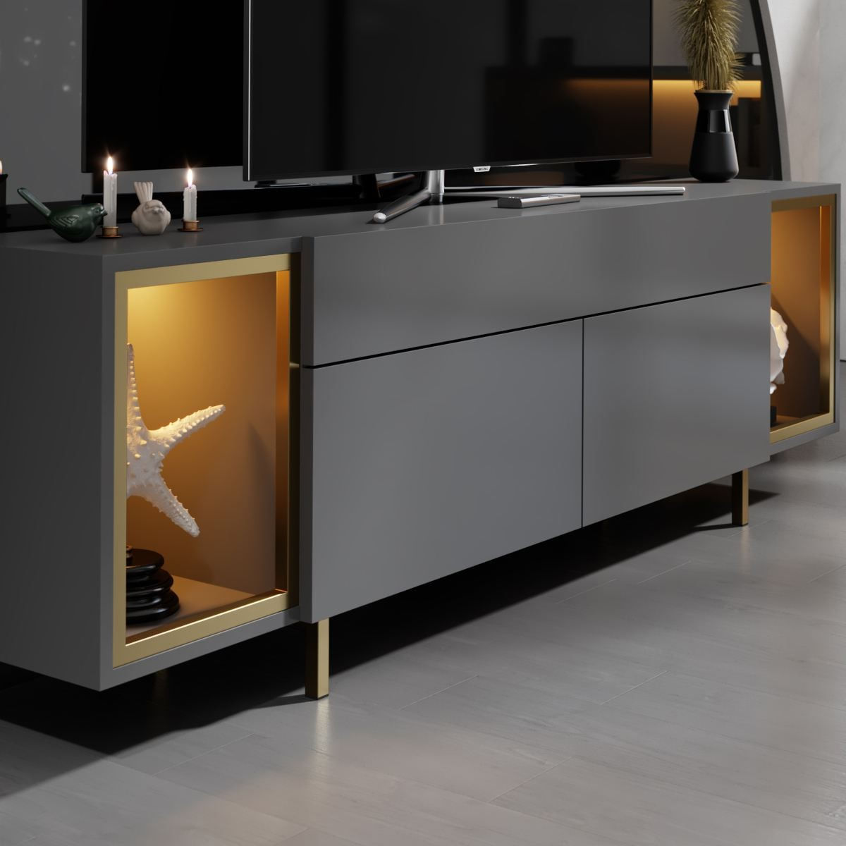 Comoda TV Zenith, 180 x 55 x 32 cm, antracit auriu, PAL melaminat, spatiu de depozitare, fixare pe perete, antracit / gold — imaginea 4