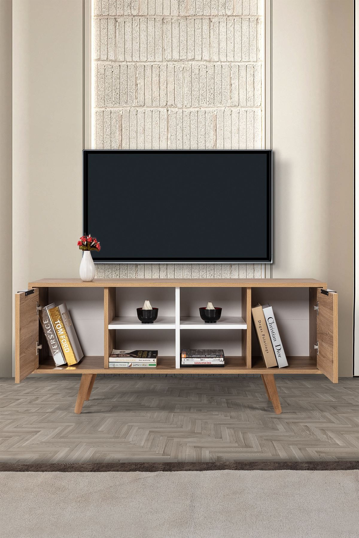 Comoda TV Sina 3321, 130 x 59 x 35 cm, stejar safir alb, PAL melaminat — imaginea 5