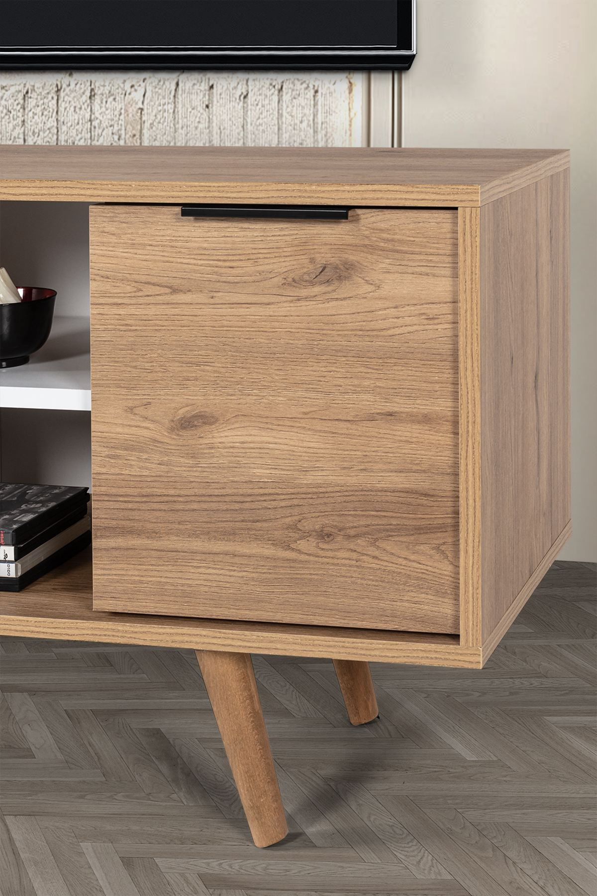 Comoda TV Sina 3321, 130 x 59 x 35 cm, stejar safir alb, PAL melaminat — imaginea 6