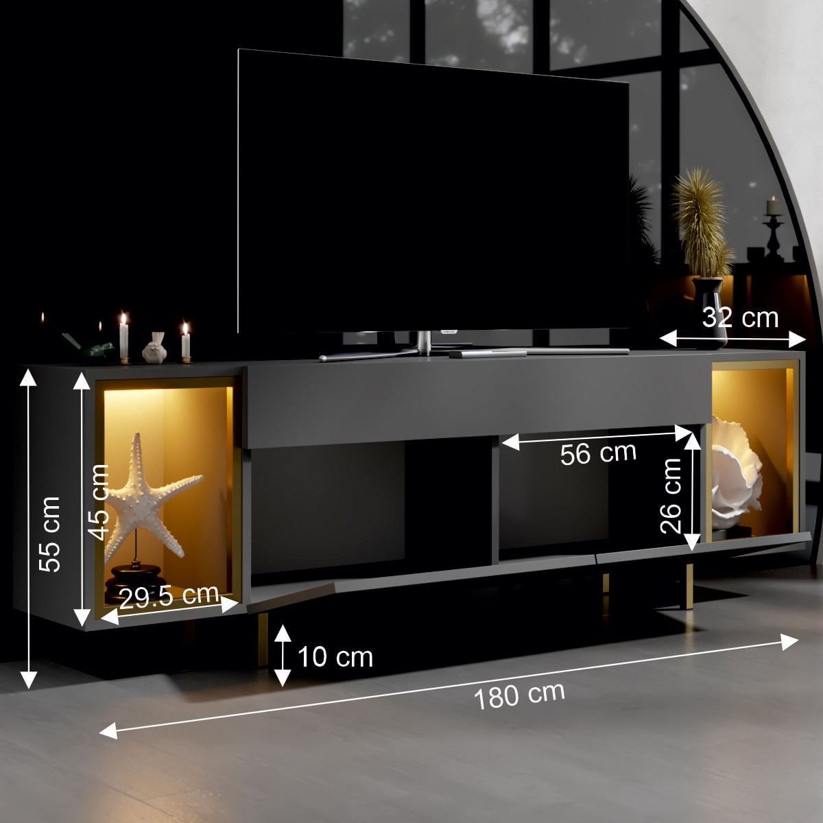 Comoda TV Zenith, 180 x 55 x 32 cm, antracit auriu, PAL melaminat, spatiu de depozitare, fixare pe perete, antracit / gold — imaginea 5