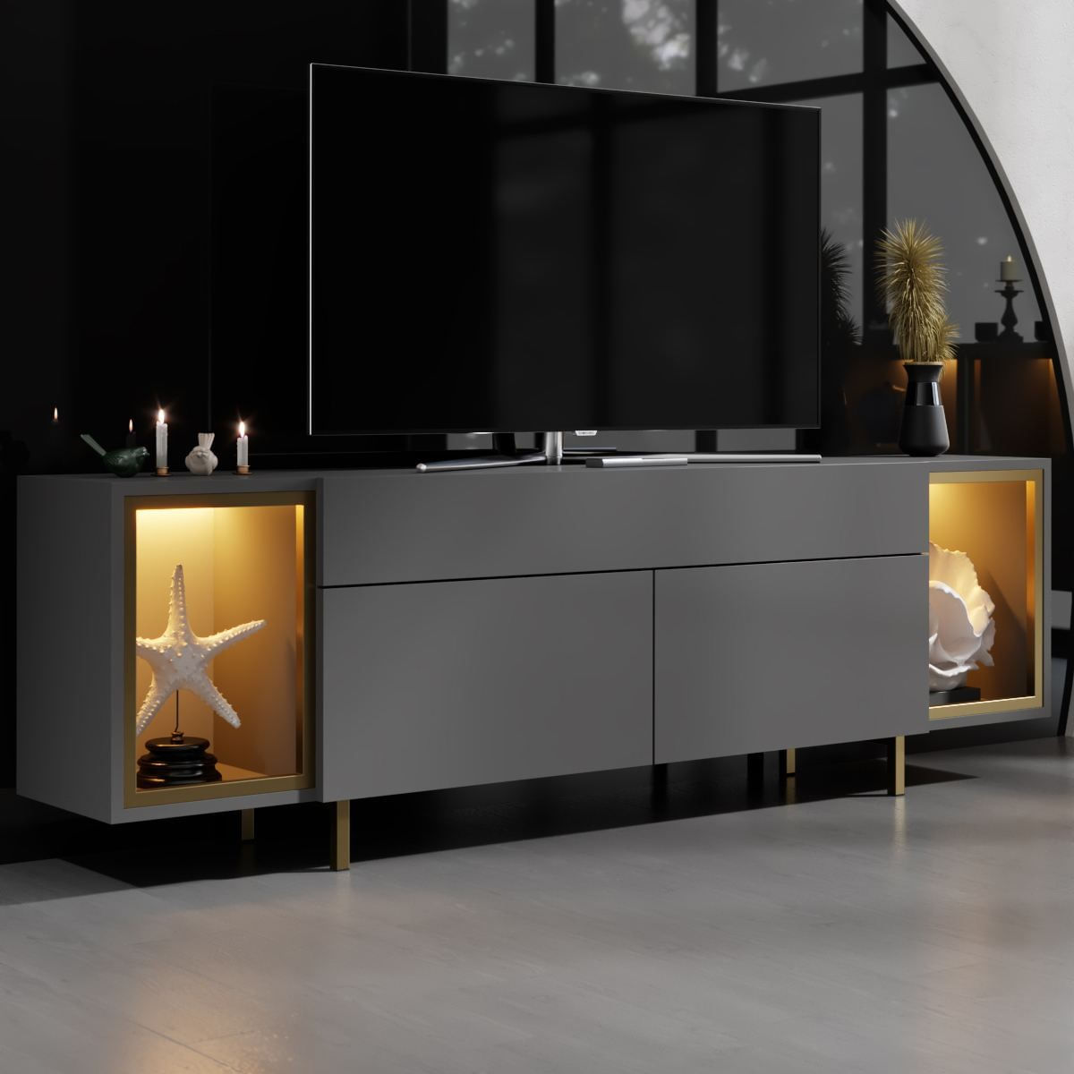 Comoda TV Zenith, 180 x 55 x 32 cm, antracit auriu, PAL melaminat, spatiu de depozitare, fixare pe perete, antracit / gold — imaginea 7