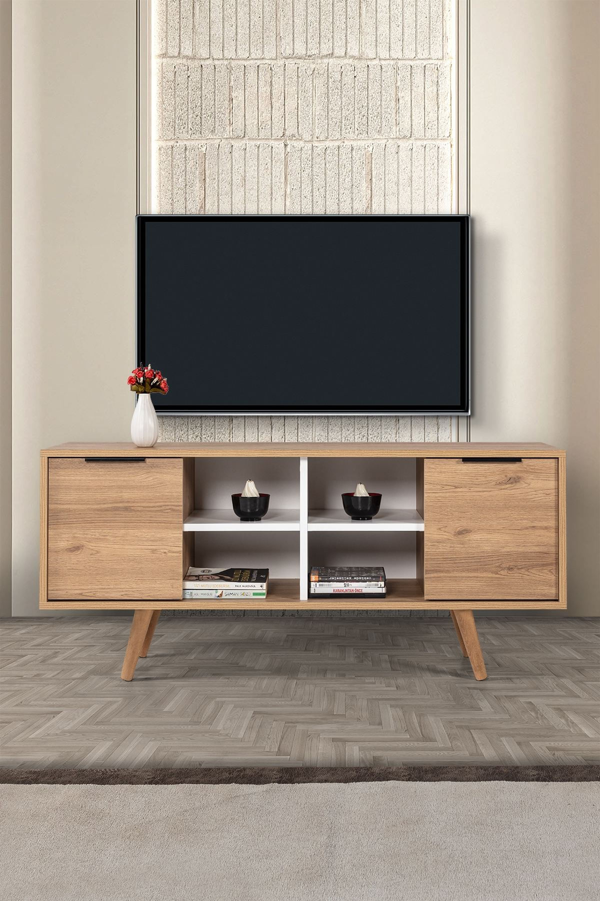 Comoda TV Sina 3321, 130 x 59 x 35 cm, stejar safir alb, PAL melaminat — imaginea 7