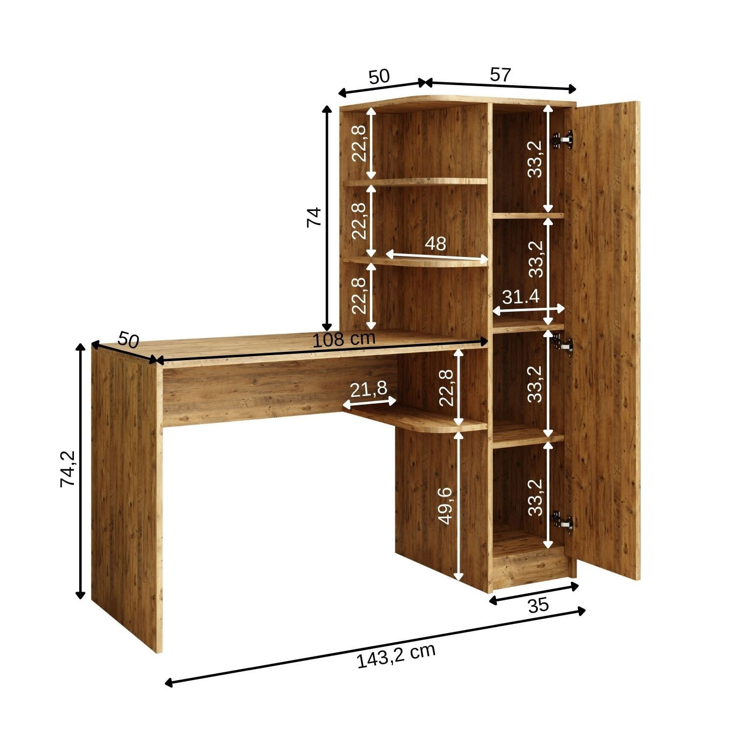 Birou cu biblioteca 2077, 143,2 x 143,2 x 50 cm, pin atlantic, PAL melaminat, design modern — imaginea 2