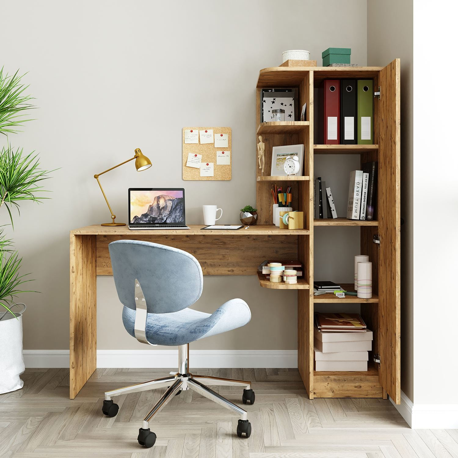 Birou cu biblioteca 2077, 143,2 x 143,2 x 50 cm, pin atlantic, PAL melaminat, design modern — imaginea 5
