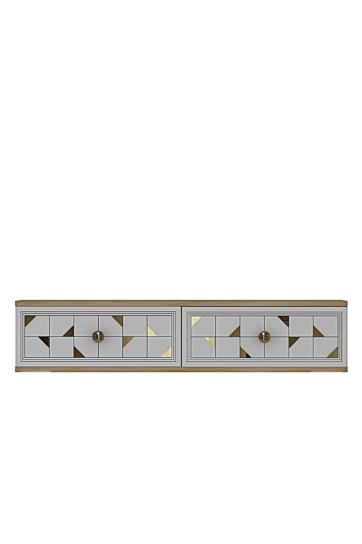 Comoda dormitor Moka 120, 120 x 25, 5 x 29, 6 cm, stejar safir alb auriu, PAL melaminat, oglinda inclusa, fixare pe perete, safir stejar / alb / gold — imaginea 4