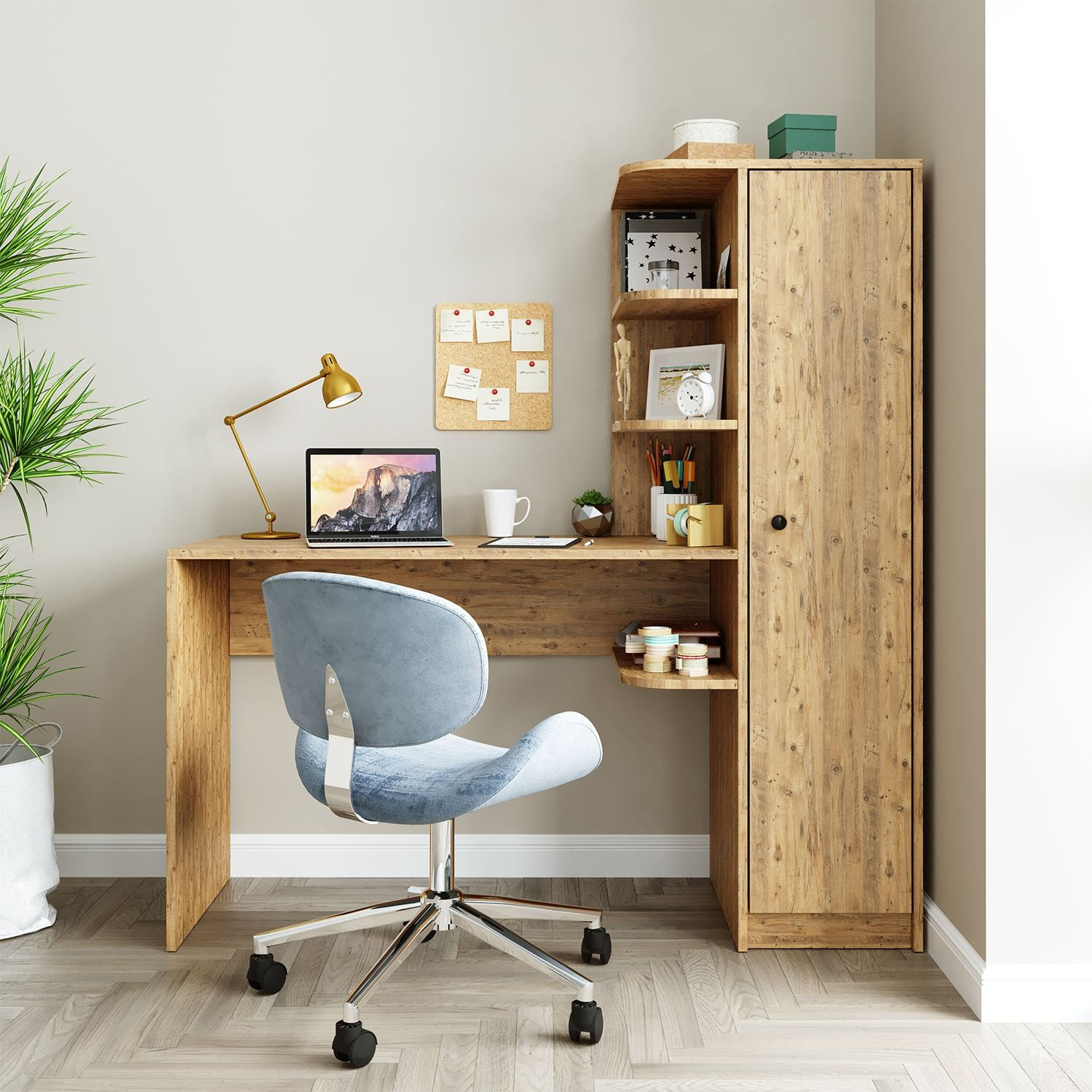 Birou cu biblioteca 2077, 143,2 x 143,2 x 50 cm, pin atlantic, PAL melaminat, design modern — imaginea 6