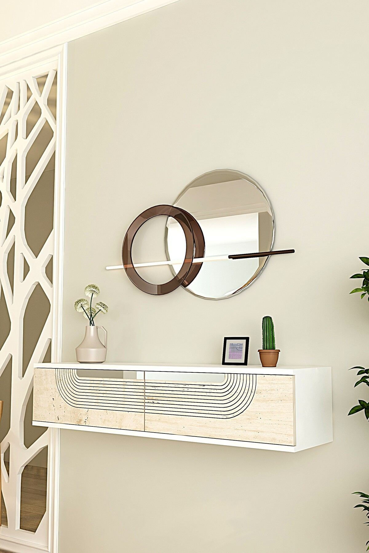 Comoda dormitor Meyra 120, 120 x 25, 5 x 29, 6 cm, alb travertin argintiu, PAL melaminat, oglinda inclusa, fixare pe perete, alb / travertin / silver — imaginea 4