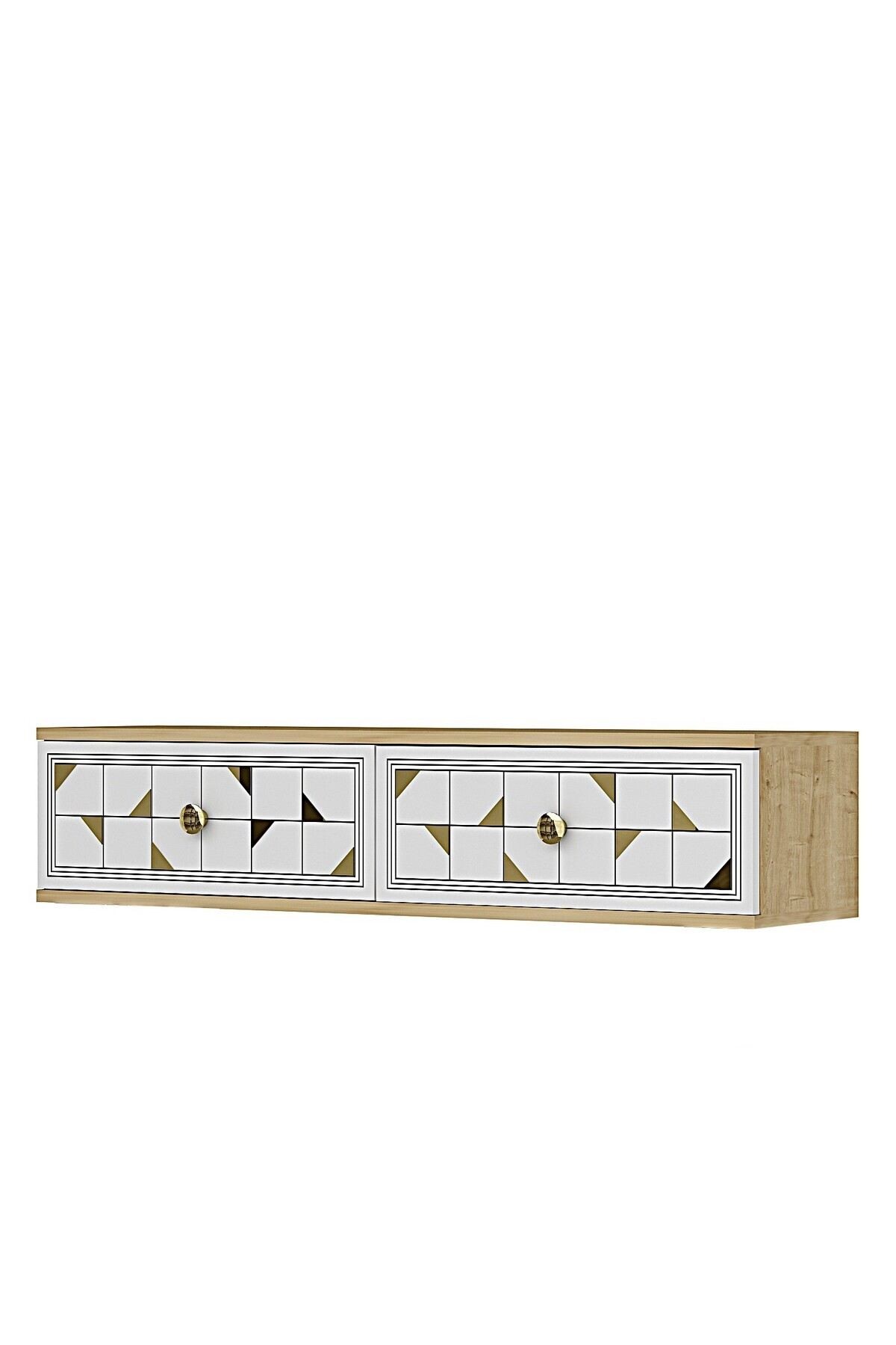 Comoda dormitor Moka 120, 120 x 25, 5 x 29, 6 cm, stejar safir alb auriu, PAL melaminat, oglinda inclusa, fixare pe perete, safir stejar / alb / gold — imaginea 7
