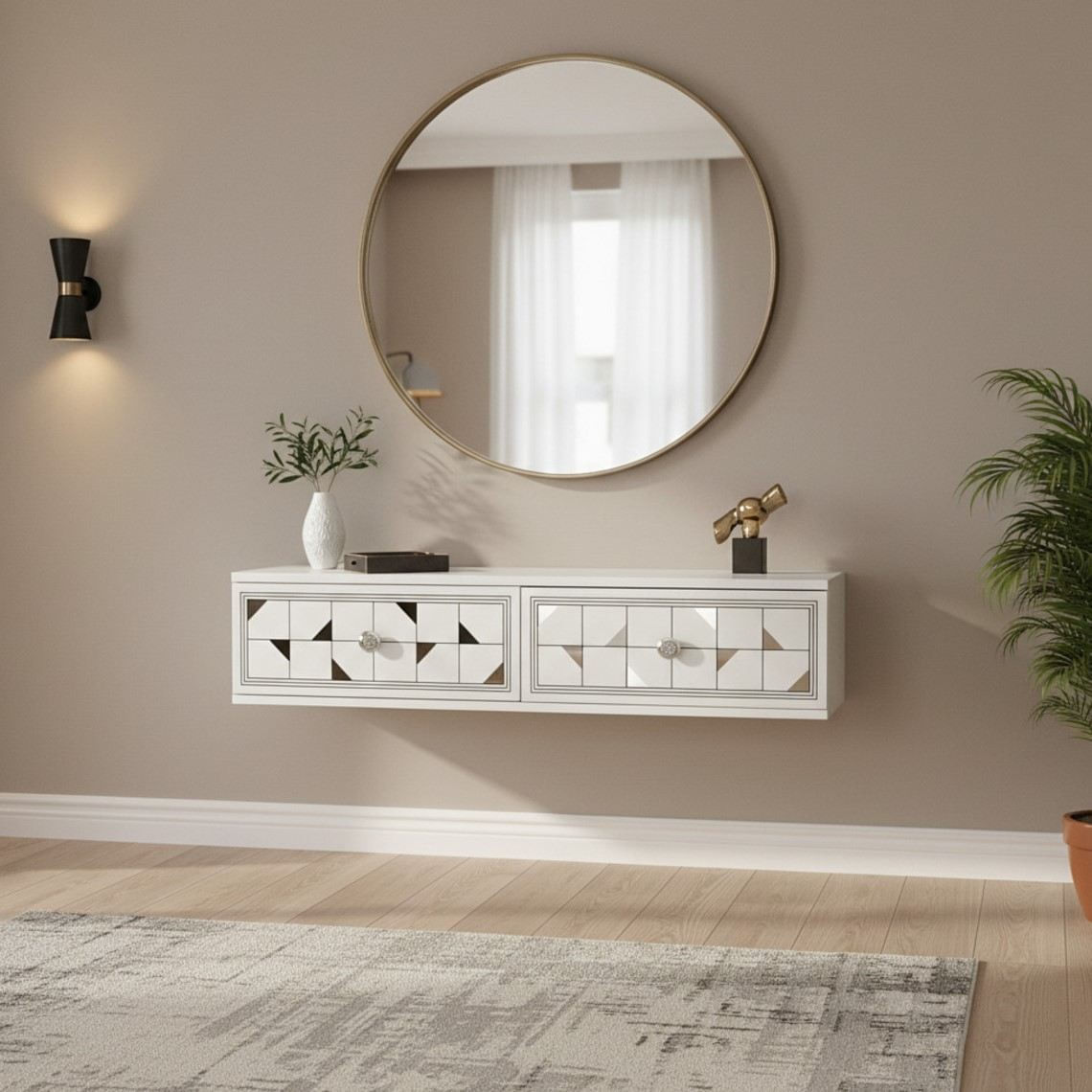 Comoda dormitor Moka 120, 120 x 25, 5 x 29, 6 cm, alb argintiu, PAL melaminat, oglinda inclusa, fixare pe perete, alb / silver — imaginea 4