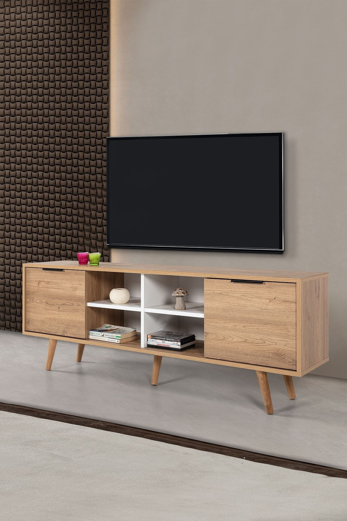 Comoda TV Sina 3621, 160 x 59 x 35 cm, stejar safir alb, PAL melaminat — imaginea 2