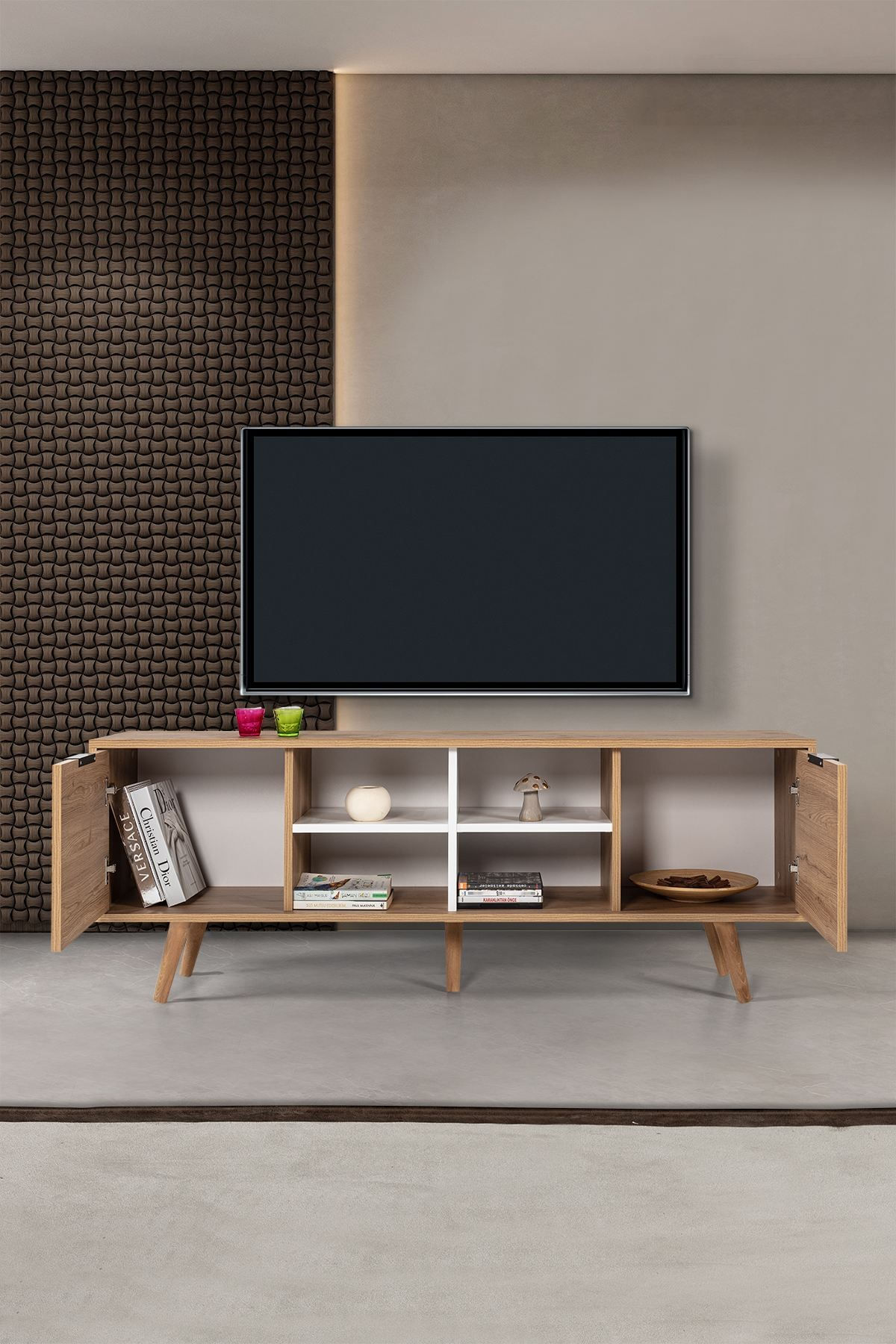 Comoda TV Sina 3621, 160 x 59 x 35 cm, stejar safir alb, PAL melaminat — imaginea 3