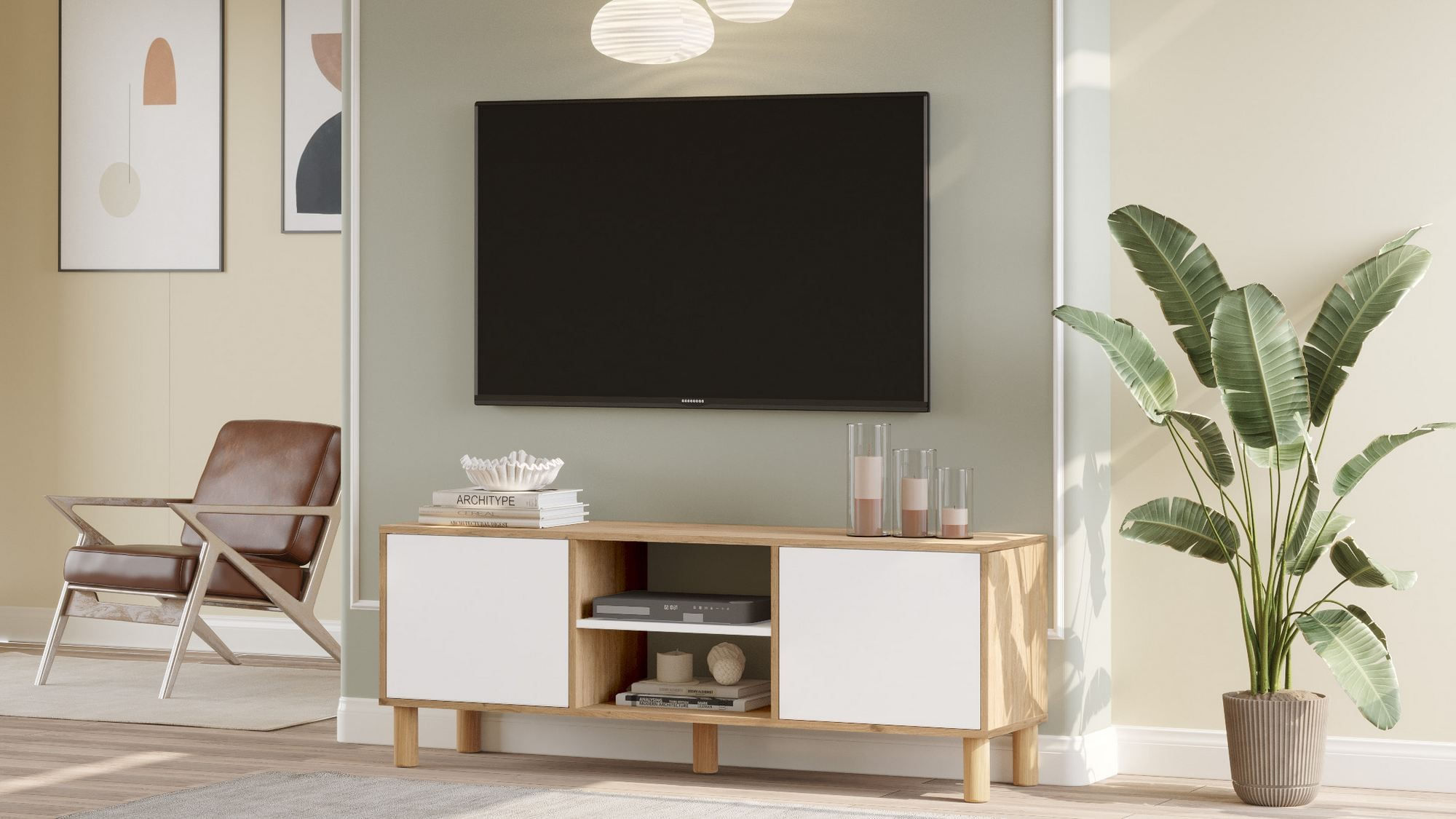 Comoda TV ALS1-SW, 160 x 59,1 x 40 cm, stejar alb, PAL melaminat, fixare pe perete — imaginea 4